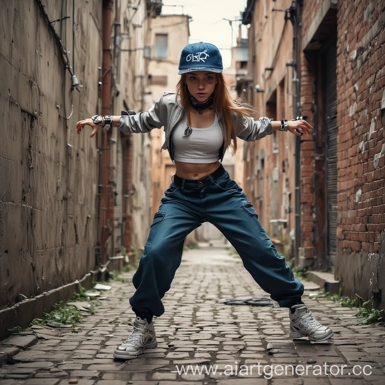 Девушка киборг в кепке танцует брейкданс в переулке