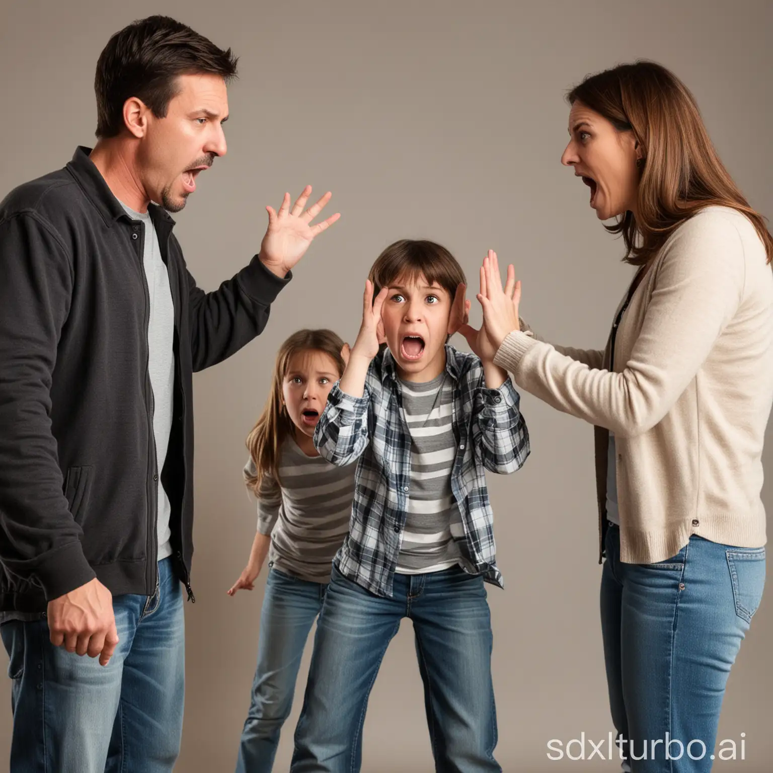 Streitende Eltern mit einem verängstigten Kind in der Mitte.
Der Vater links, die Mutter rechts.
Das Kind ist ein 11 jähriger Junge.