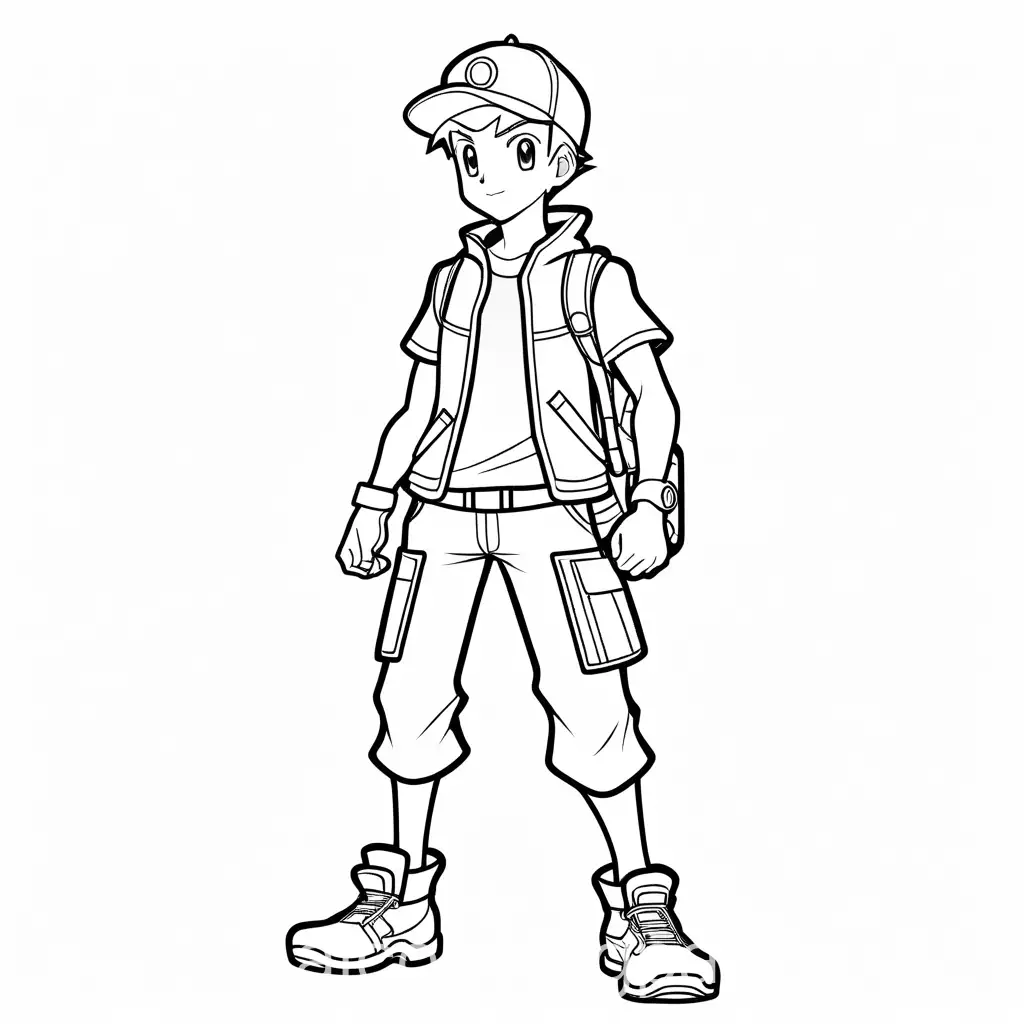 full body young male pokemon trainer champion with short hair with no hat, Coloring Page, black and white, line art, white background, Simplicity, Ample White Space. The background of the coloring page is plain white to make it easy for young children to color within the lines. The outlines of all the subjects are easy to distinguish, making it simple for kids to color without too much difficulty