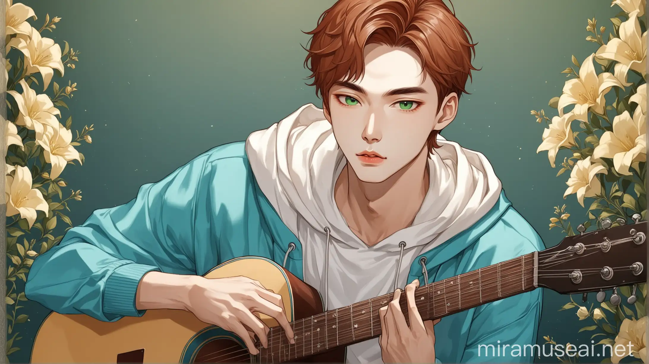 Korean Kpop Male Idol Singing with Guitar in Aesthetic Flower Garden