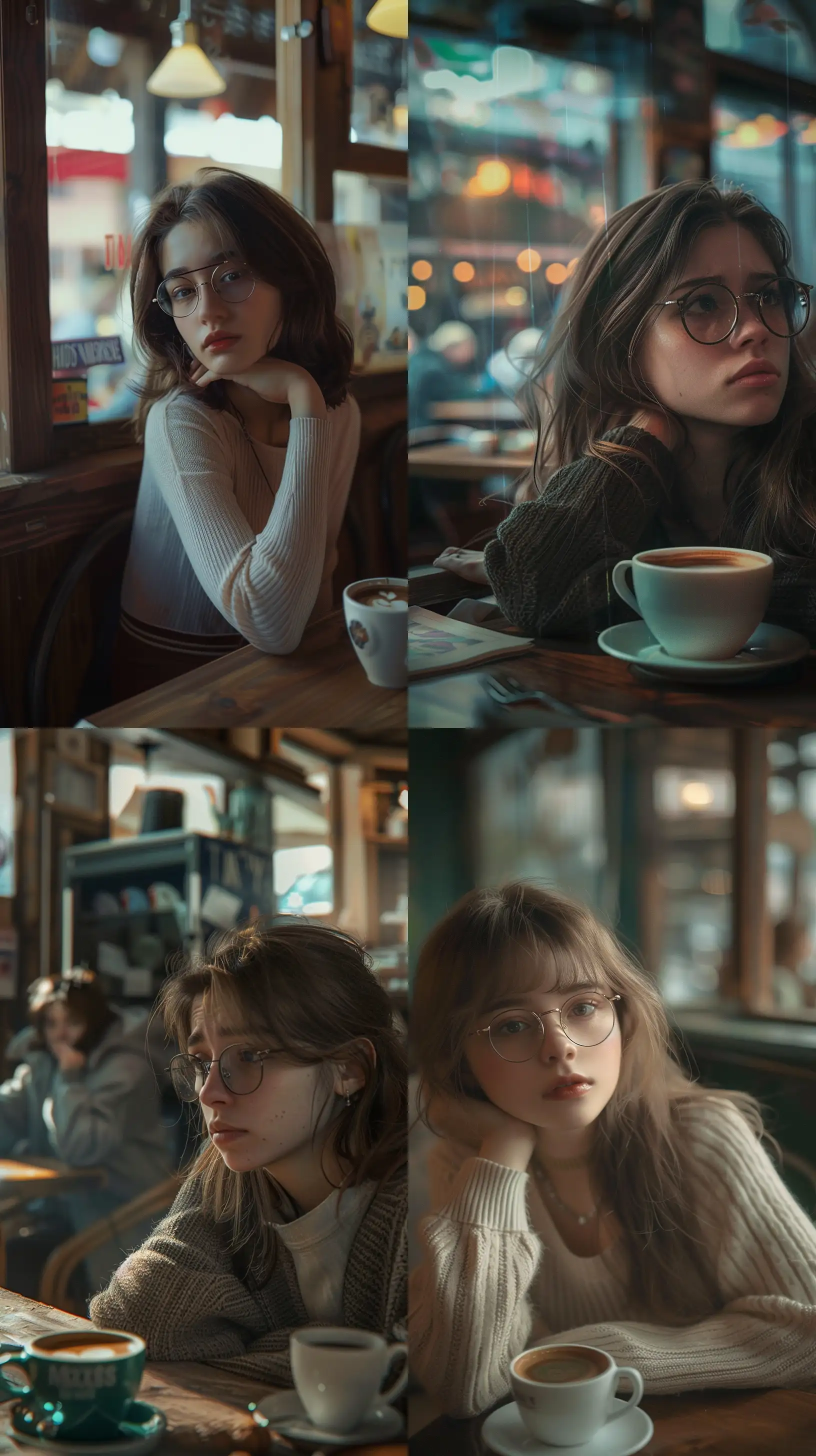 A girl with medium length brown hair wearing glasses, sitting in an old country cafe, sad in the corner of the cafe, next to her is her coffee, looking longingly at the passersby., Interior Design, Realism, Havok, Normal perspective, Muted Colors, Mirrorless Camera, Cinematic Lighting, Nostalgia, --ar 9:16