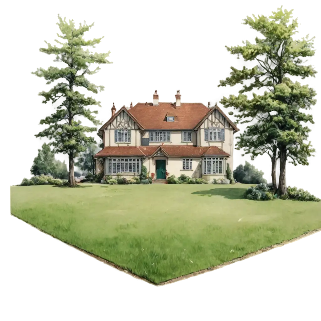 A country house in a grove with a drawing of lines