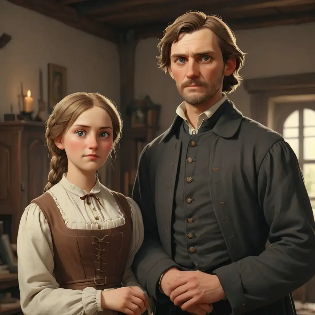 German Puritans of the 19th century. A man and a woman. Realism style, 3D animation