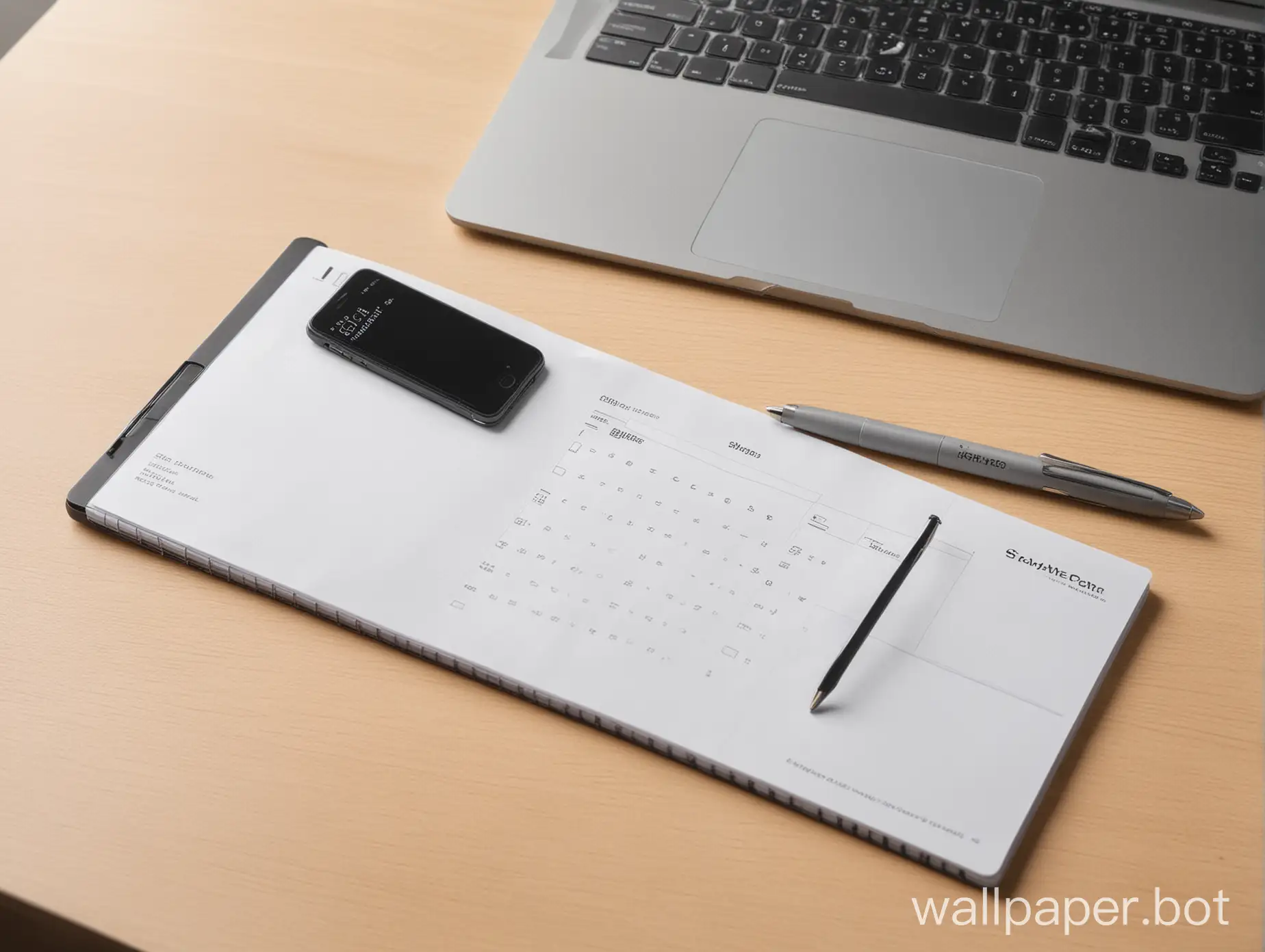 A modern, uncluttered desk setup with a sleek laptop, a minimalist notepad, and a stylish pen.nClose-up shot of a laptop keyboard with a clean desk background.nFlat lay image of a smartphone displaying a simple expense tracking app interface on a clean desk surface.