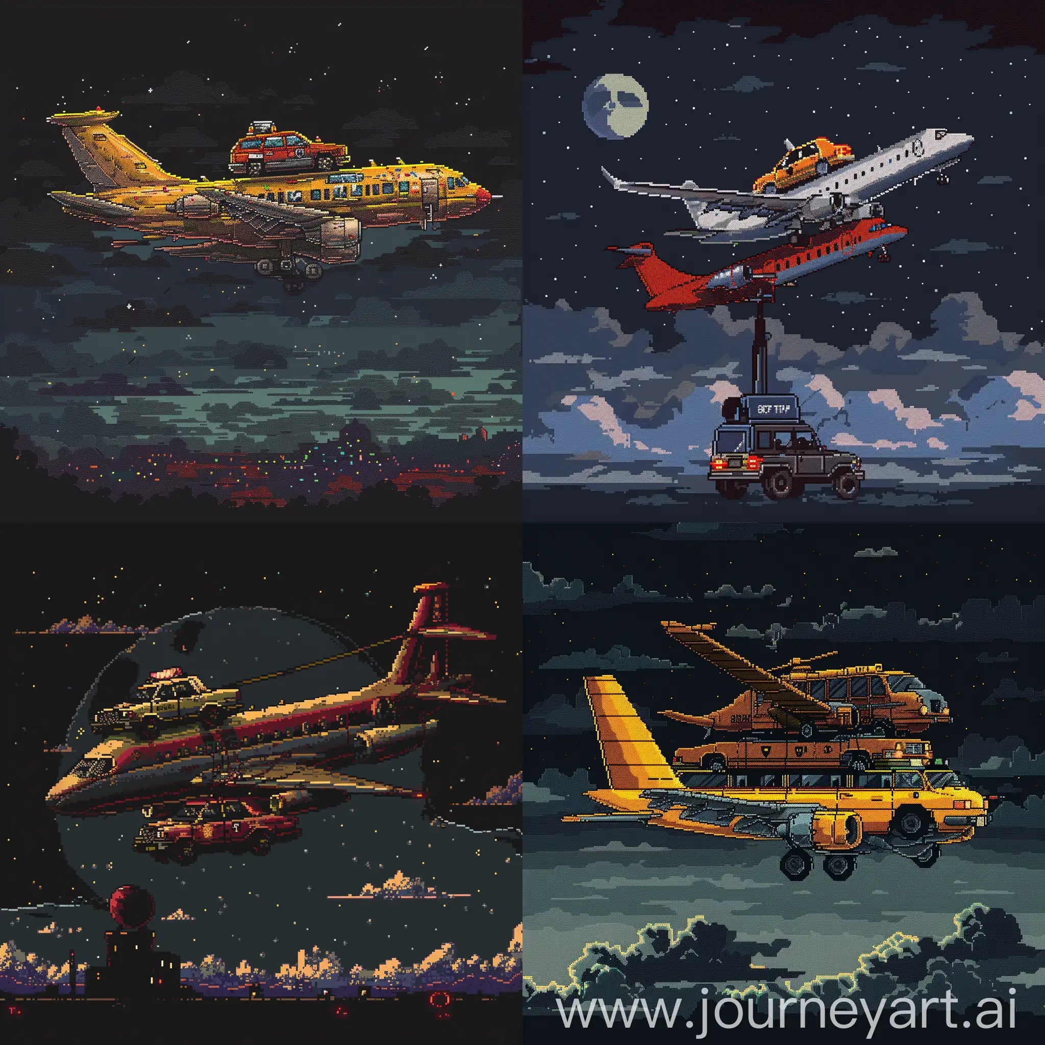 airplane carrying taxi on dark sky drawn in the style of pixel art, 8 bit, 8k resolution, high detail