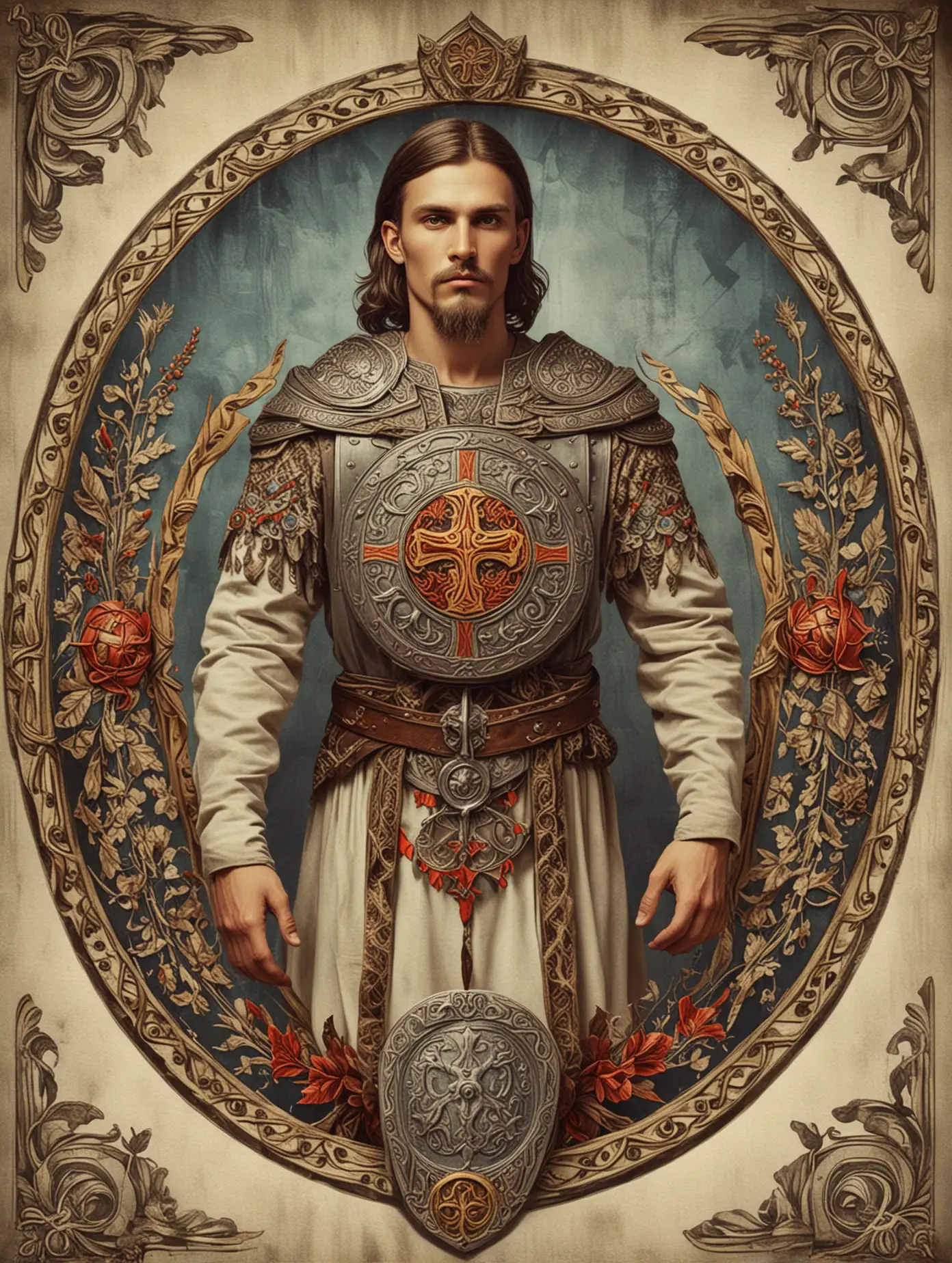 Slavic-Style-Tarot-Card-with-Symmetrical-Design-Featuring-a-Man-Holding-a-Shield