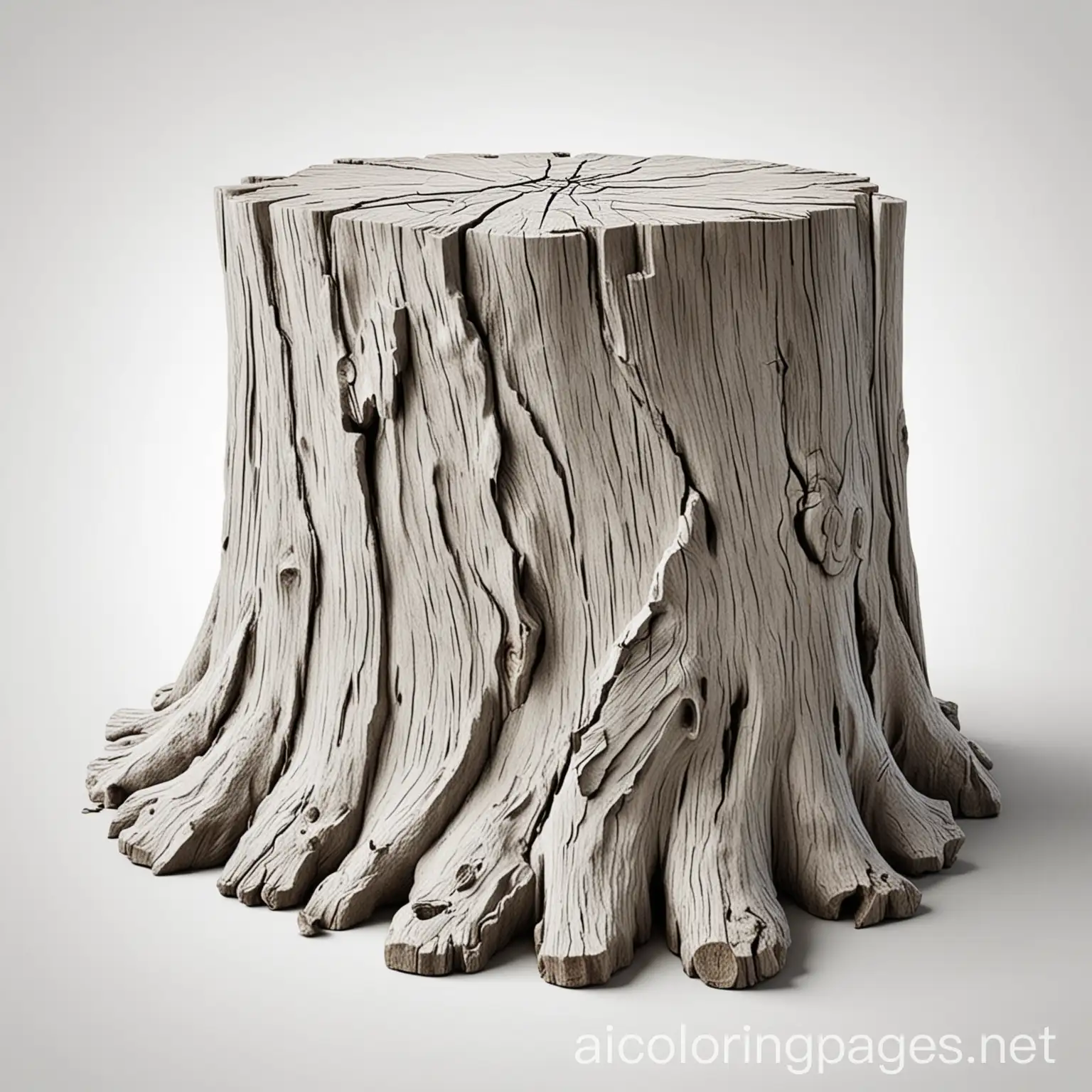 Dried dead wood tree stump isolated backgrounds 3d illustrations png, Coloring Page, black and white, line art, white background, Simplicity, Ample White Space. The background of the coloring page is plain white to make it easy for young children to color within the lines. The outlines of all the subjects are easy to distinguish, making it simple for kids to color without too much difficulty