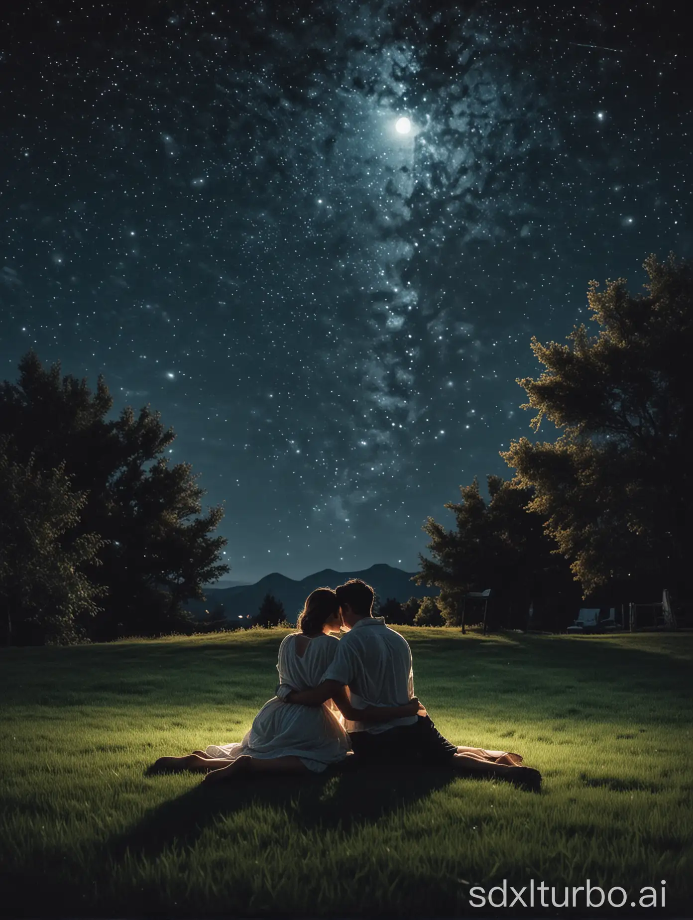 Under the bright starry sky and bright moonlight, a couple sits on the lawn and cuddles up intimately