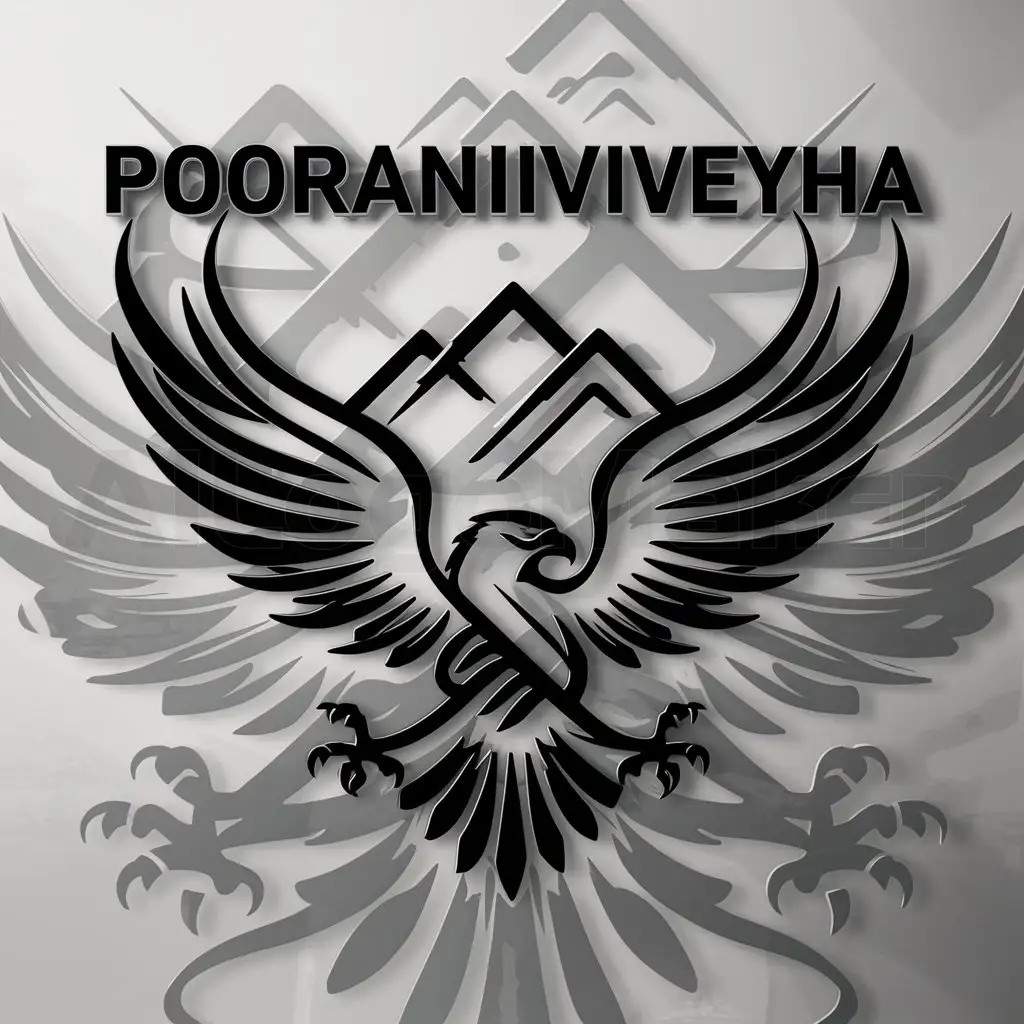 a logo design,with the text "POORANIVIVEYHA", main symbol:EAGLE & MOUNTAIN,complex,clear background