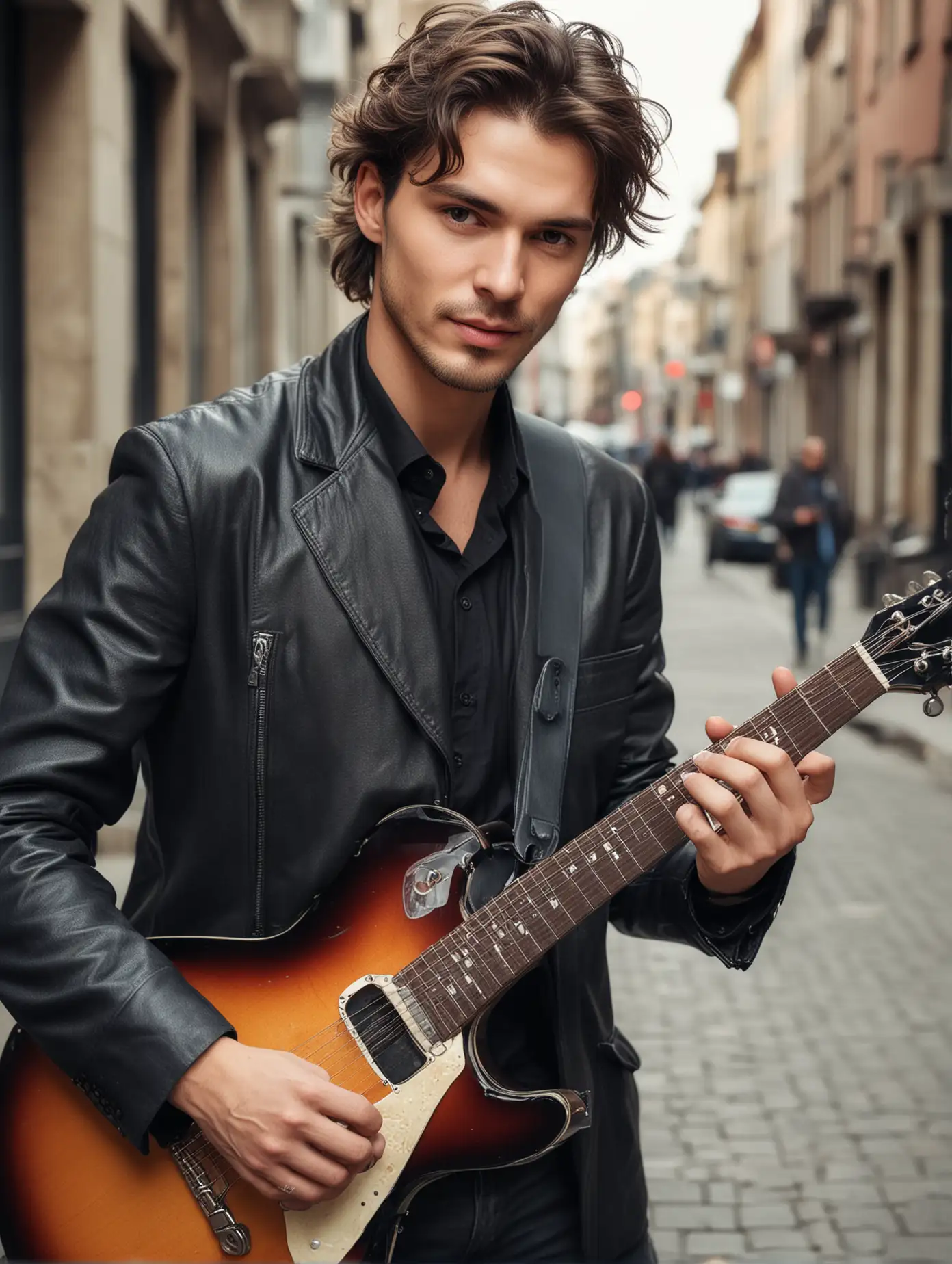 A handsome guitarist, playing the guitar, on the street, exquisite facial features, professional photography technology