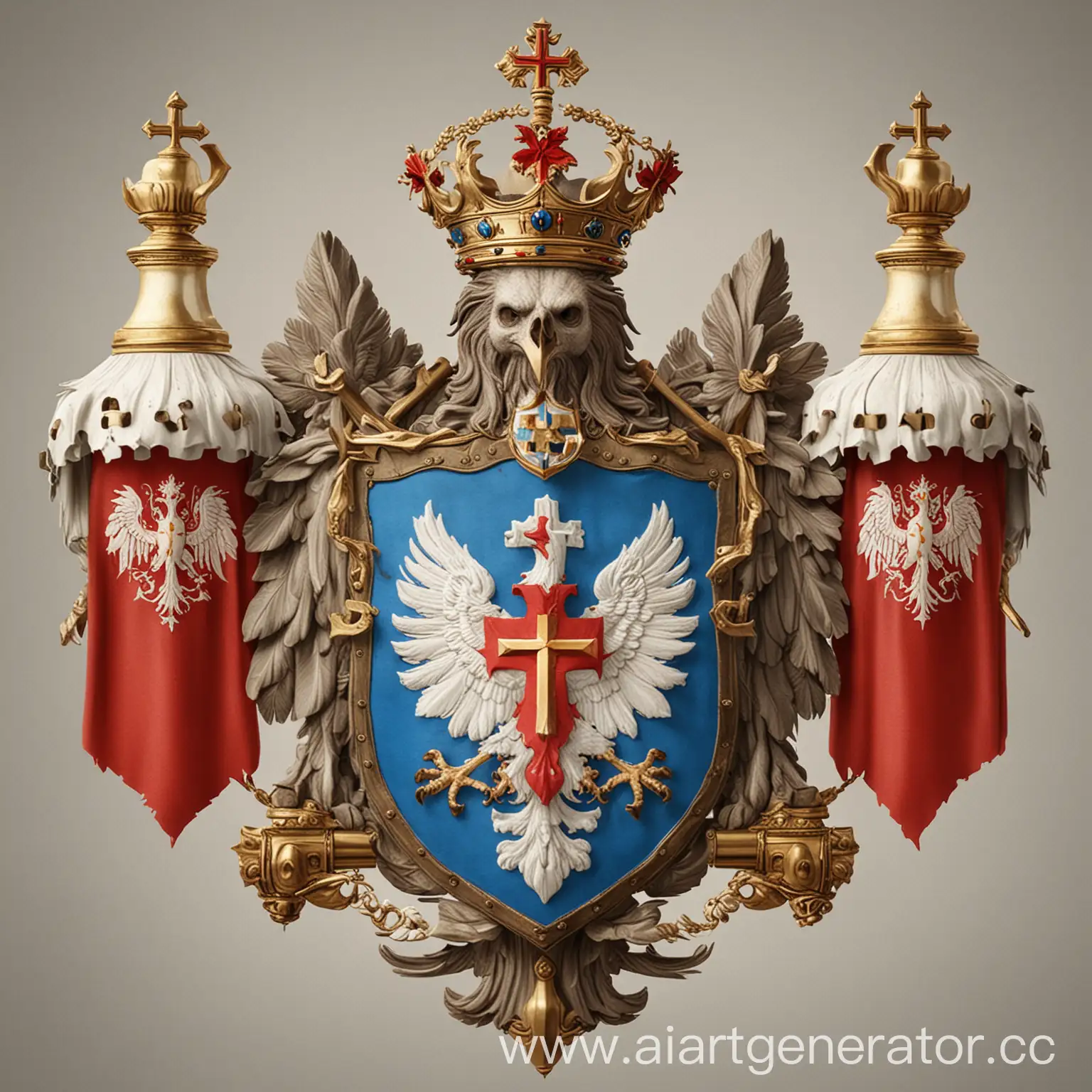 Generate a coat of arms for the country, which will have a tricolor white-red-blue tricolor, Jesus Christ, a scepter, lamps and a two-headed eagle