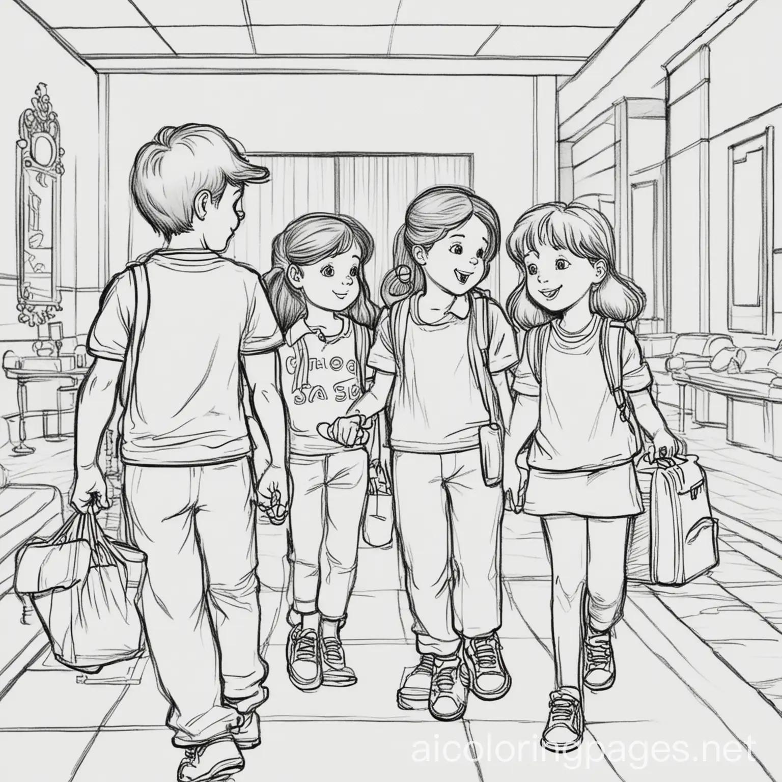 kids checking in to hotel
, Coloring Page, black and white, line art, white background, Simplicity, Ample White Space. The background of the coloring page is plain white to make it easy for young children to color within the lines. The outlines of all the subjects are easy to distinguish, making it simple for kids to color without too much difficulty