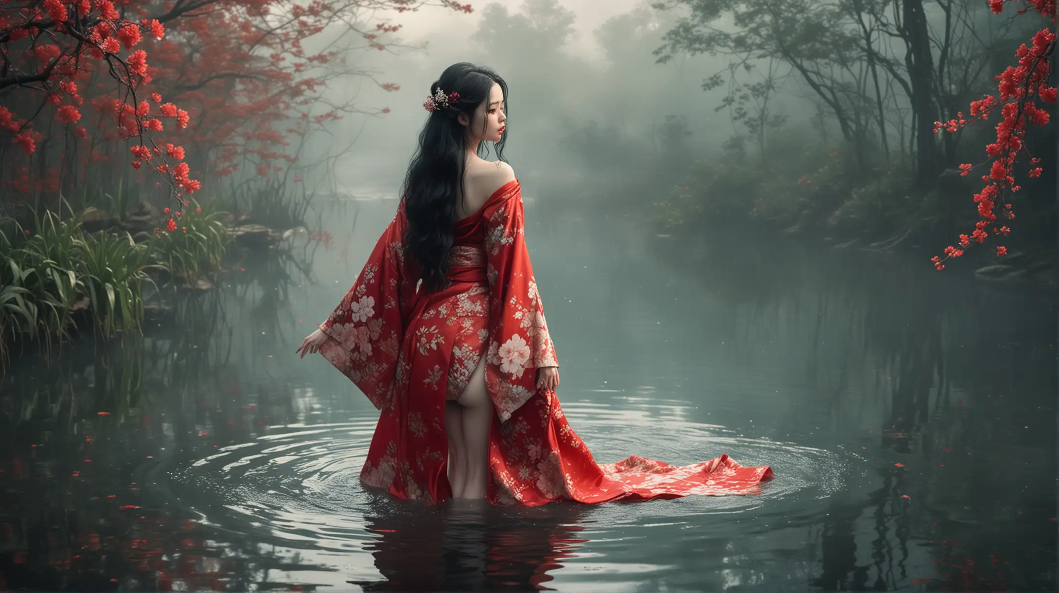 Fantasy Fairy Tale Mysterious Girl Emerging from Misty Lake in Red Kimono