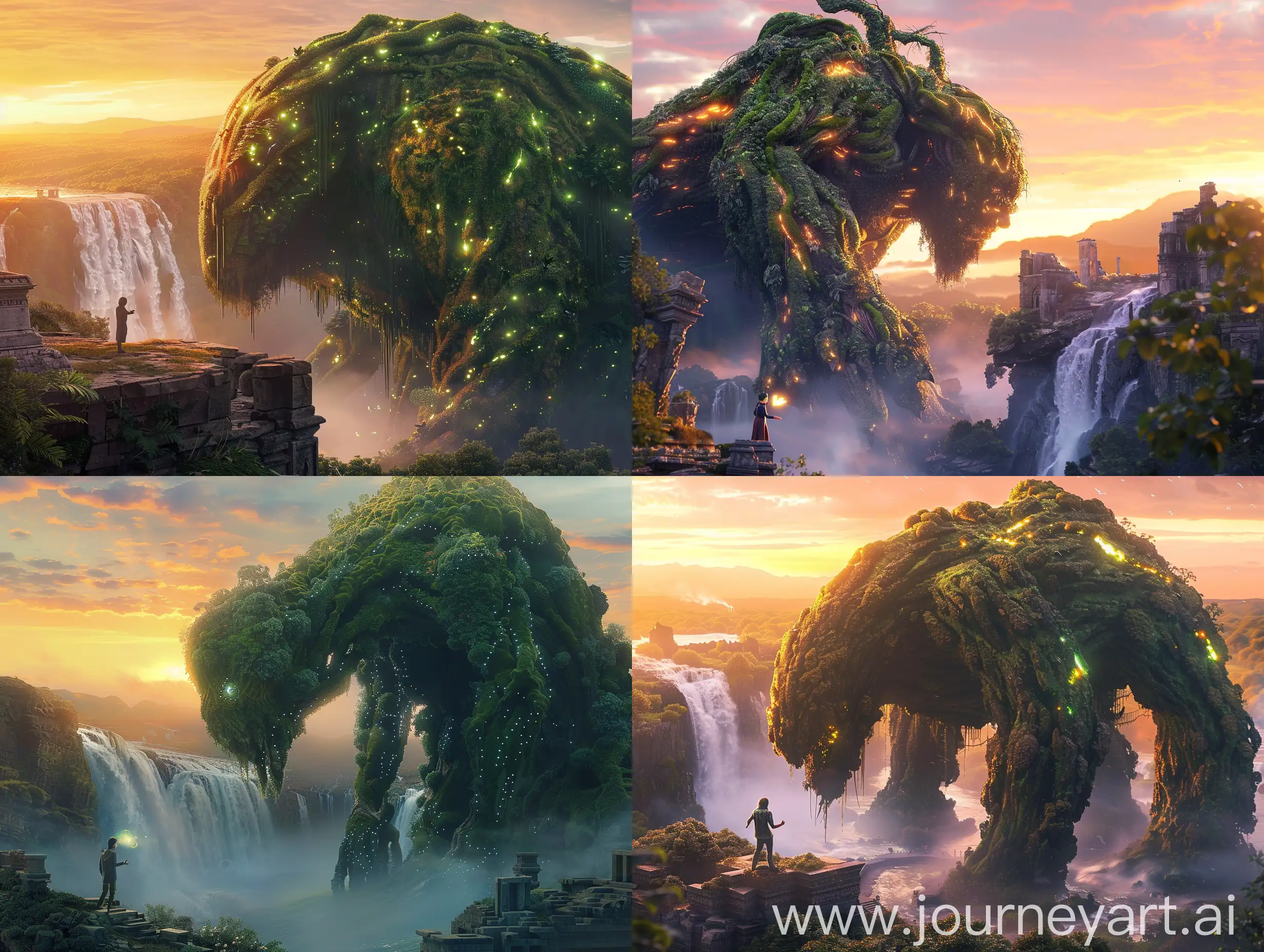 A stunning fantasy landscape at sunset featuring a big, friendly creature in the shape of a moss-covered tree, with a tiny human hero talking to it from a distance. The creature overlooks a lush, waterfall-filled valley, its body adorned with glowing, ethereal lights, creating a mystical and enchanting atmosphere. The scene includes ancient ruins near the waterfall, is ultra-detailed, ultra-realistic, cinematic, 8K resolution, with dramatic lighting and volumetric fog, all rendered in a photorealistic style. --s 1000