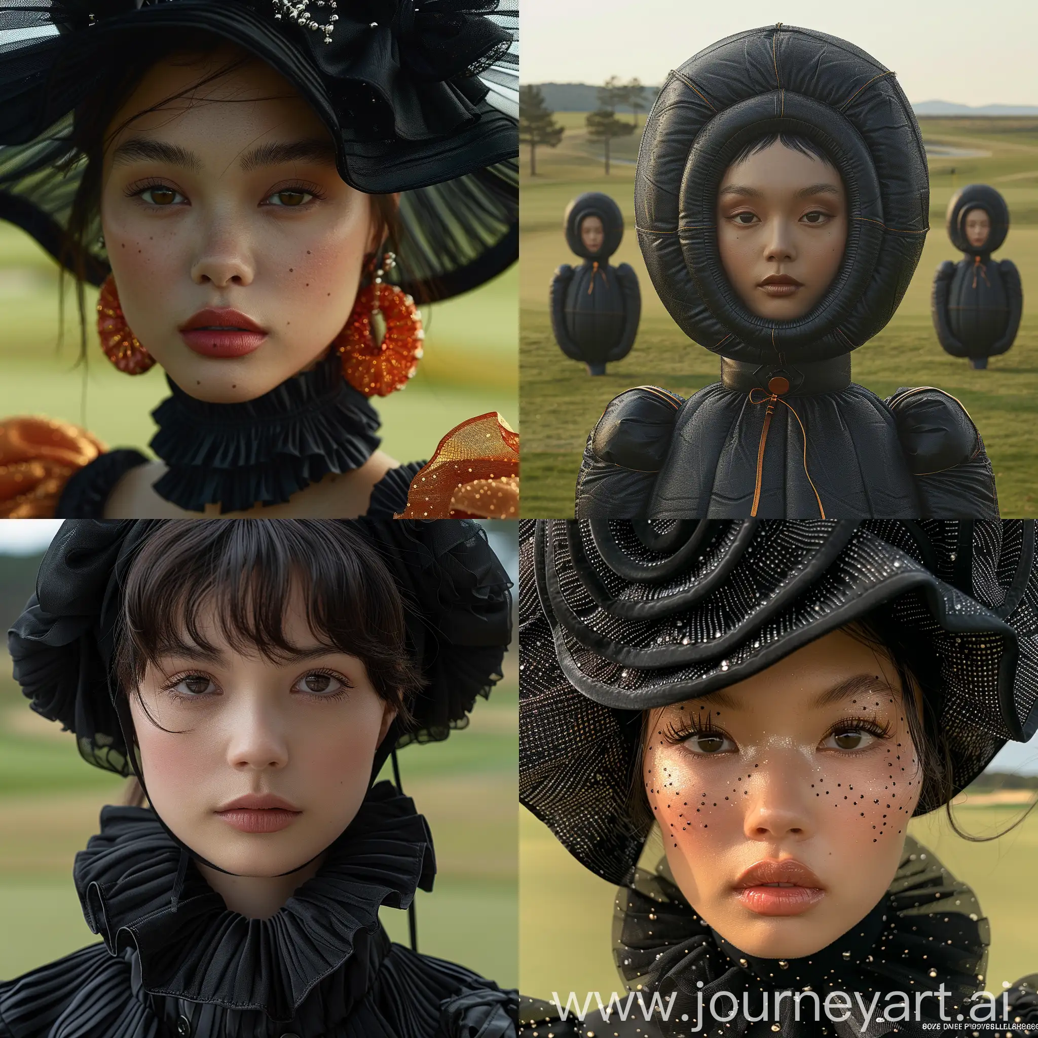 a high resolution photo of a female oriental balenciaga models wearing a unique oversized black fashion, 8k resolution, detailed faces, close up, on poses on a golf fields --ar 1:1 --stylize 1000