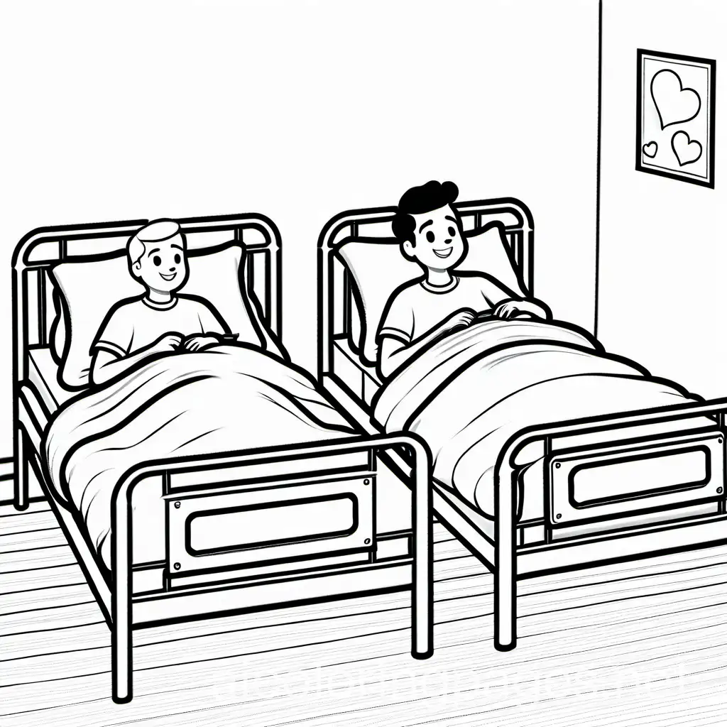 Two hospitalized men talking on separate beds , Coloring Page, black and white, line art, white background, Simplicity, Ample White Space. The background of the coloring page is plain white to make it easy for young children to color within the lines. The outlines of all the subjects are easy to distinguish, making it simple for kids to color without too much difficulty