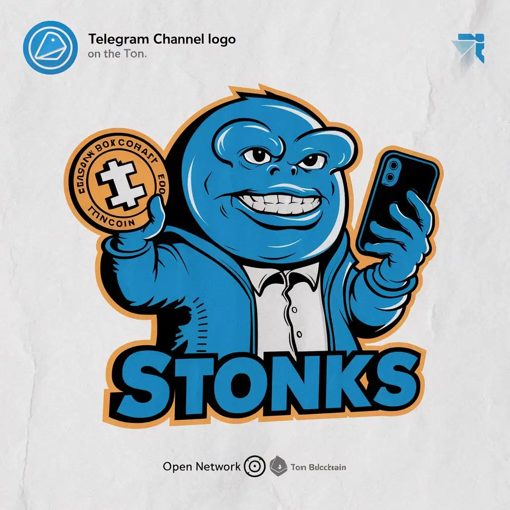 создай логотип для телеграмм канала sTONks на TON'е используя мем персонажа stonks и логотип the open network в синей цветовой гамме toncoin криптовалюта