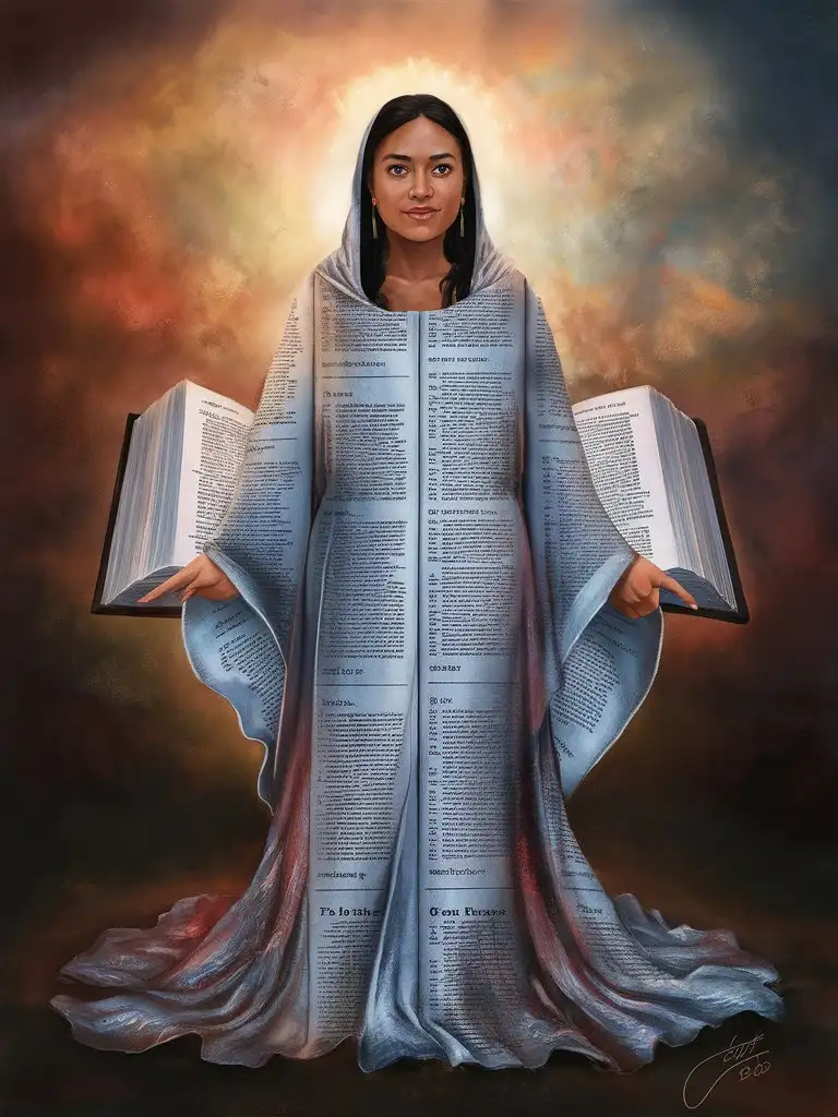 A digital painting of an ethnic woman with a robe that flows and extends into pages of the Bible, symbolizing the Word of God as part of her very being.