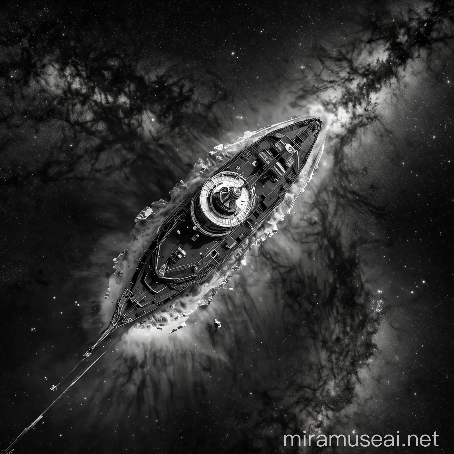 Icebreaker Ship Travelling Through Milky Way in TopView Black and White Illustration