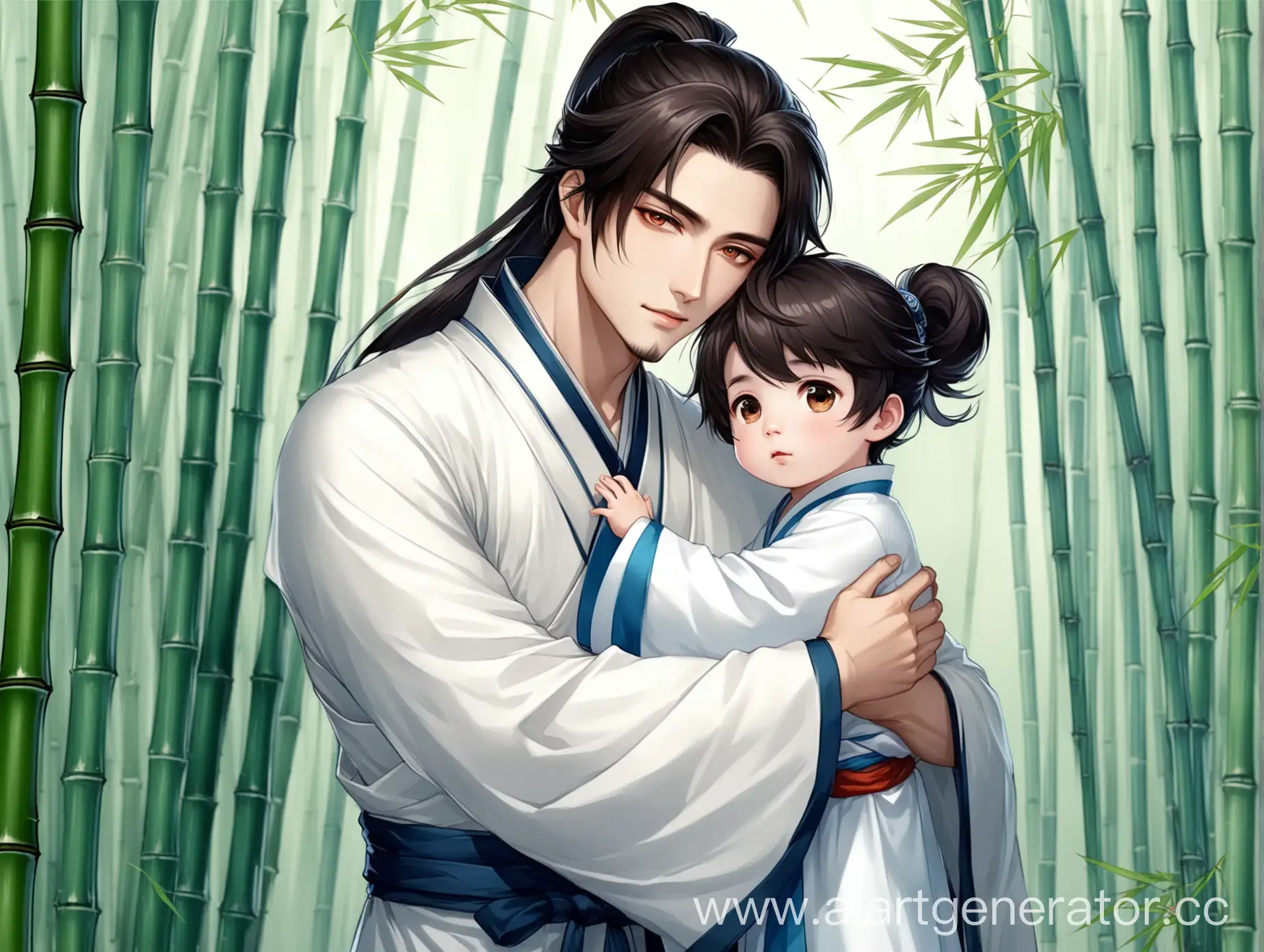 Handsome men hug little boy, male focus, male characters, white hanfu, jewelry, xianxia, noble appearance, long thick dark hair with high ponytail, more details, wuxia, bamboo forest on the background