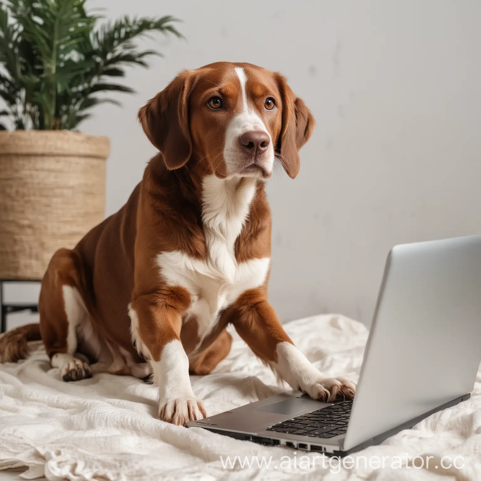 коричневая охотничья собака, смотрит в ноутбук на белом фоне в красивом интерьере