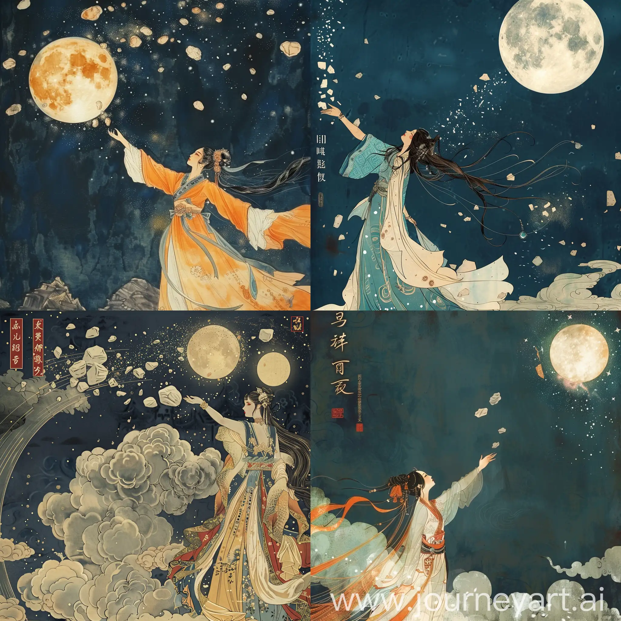 Chinese mythology，goddess ，Nüwa，night，throwing stones to the sky
，Traditional Chinese painting，Guoman cartoon poster