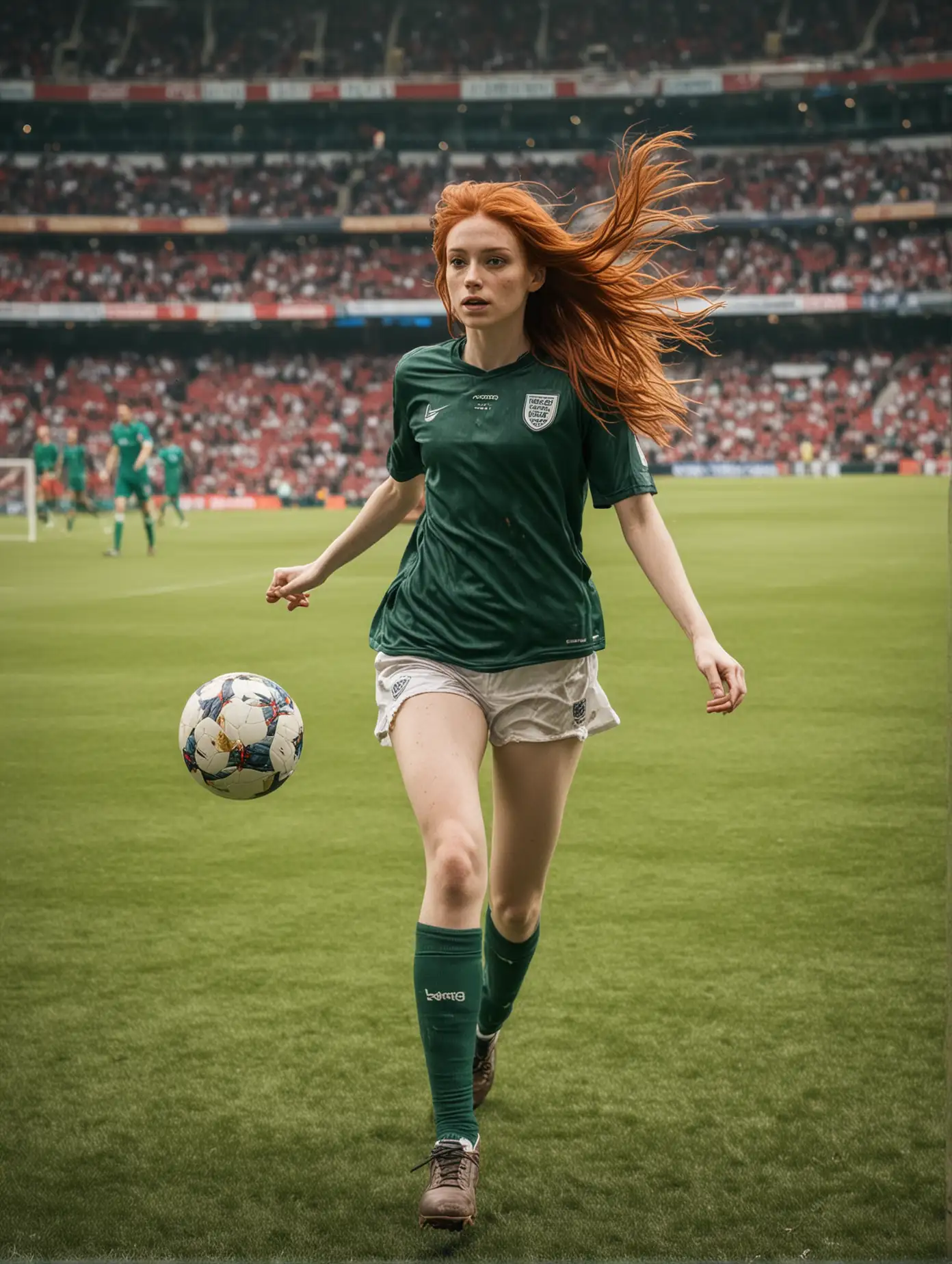 slim redhead with messy medium long hair playing footbal on wembley stadion