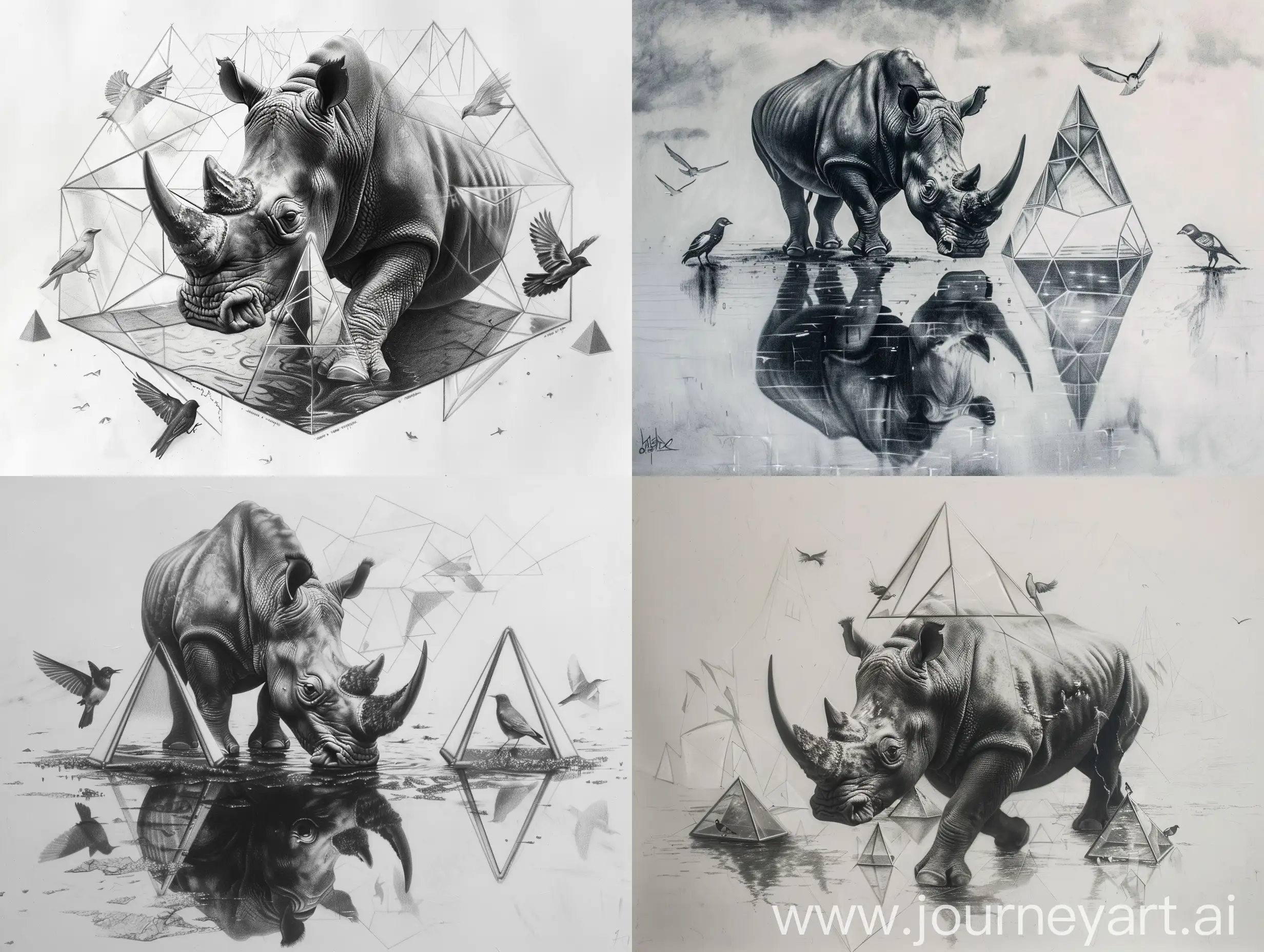 creative dark hyper realistic pencil sketch of a rhino on a glass surface with small mirrors and birds around it on a large canvas in great details