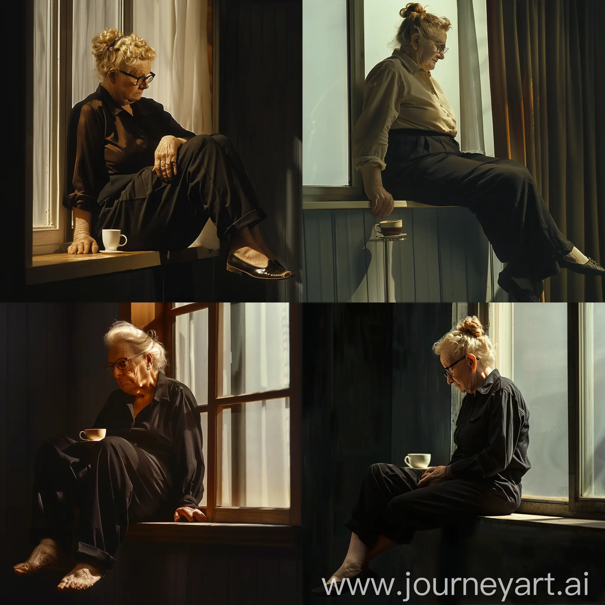 Retro-Household-Portrait-Elderly-Woman-Enjoying-Tea-by-the-Window