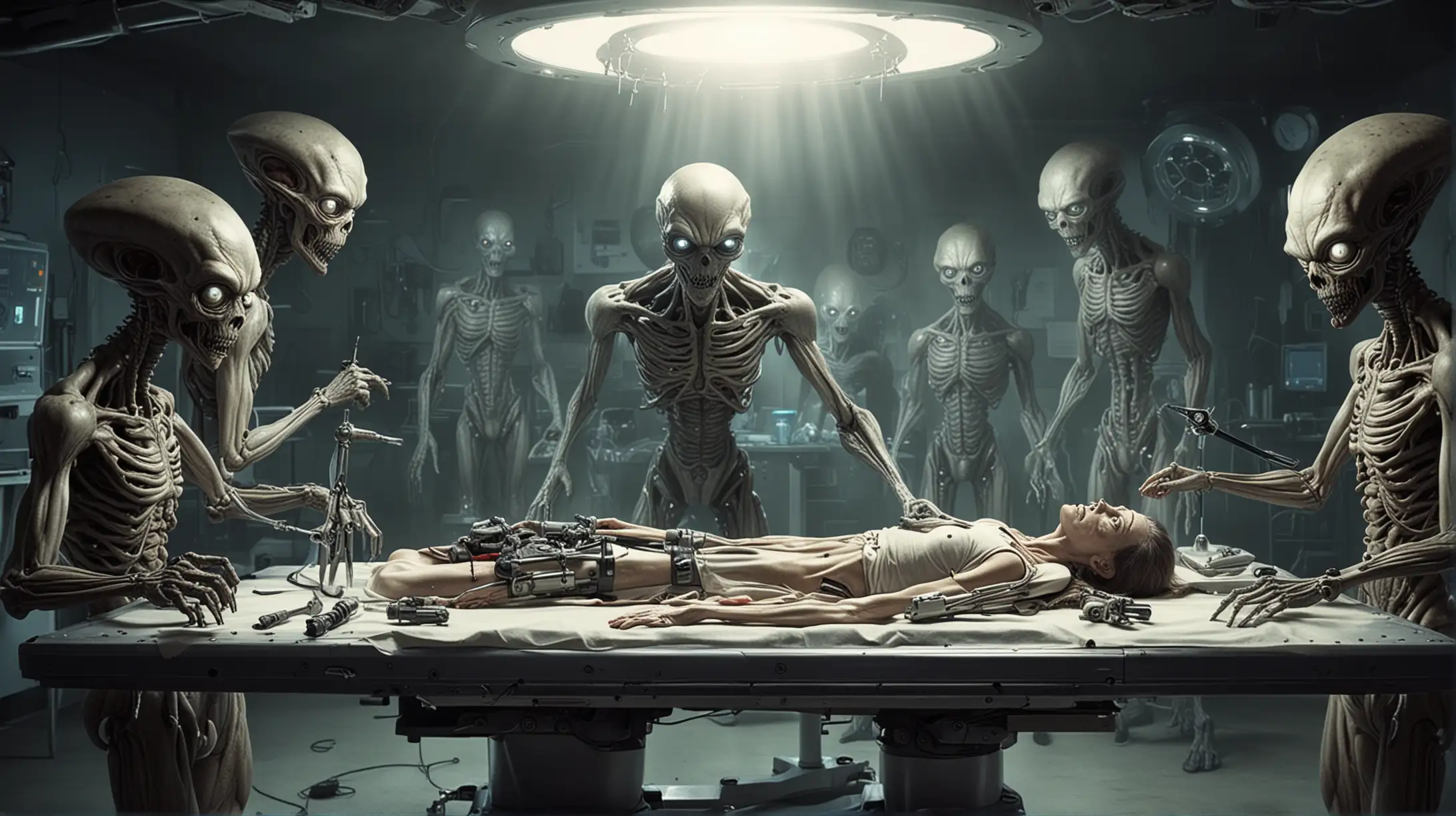 A UFO abductee on a operating table surrounded by four scary looking aliens holding weird scary tools, background is the inside of the UFO