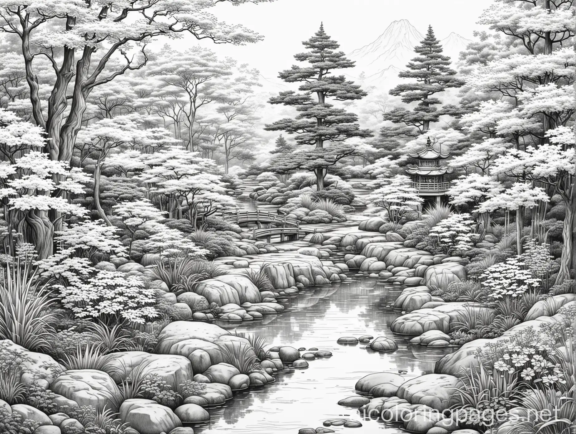 A random realistic Japanese garden with a vertical view as a coloring book page, Coloring Page, black and white, line art, white background, Simplicity, Ample White Space. The background of the coloring page is plain white to make it easy for young children to color within the lines. The outlines of all the subjects are easy to distinguish, making it simple for kids to color without too much difficulty