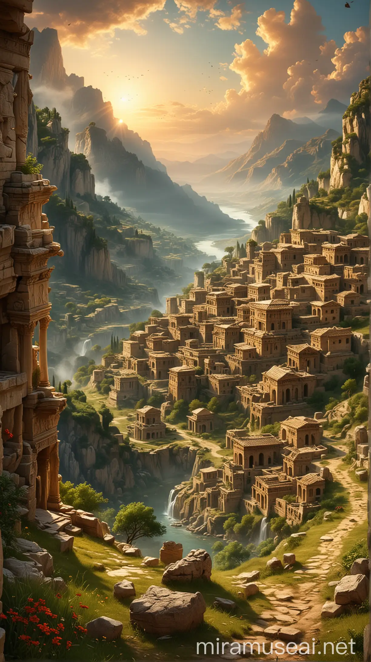Ancient World Landscape with Majestic Ruins and Verdant Forests