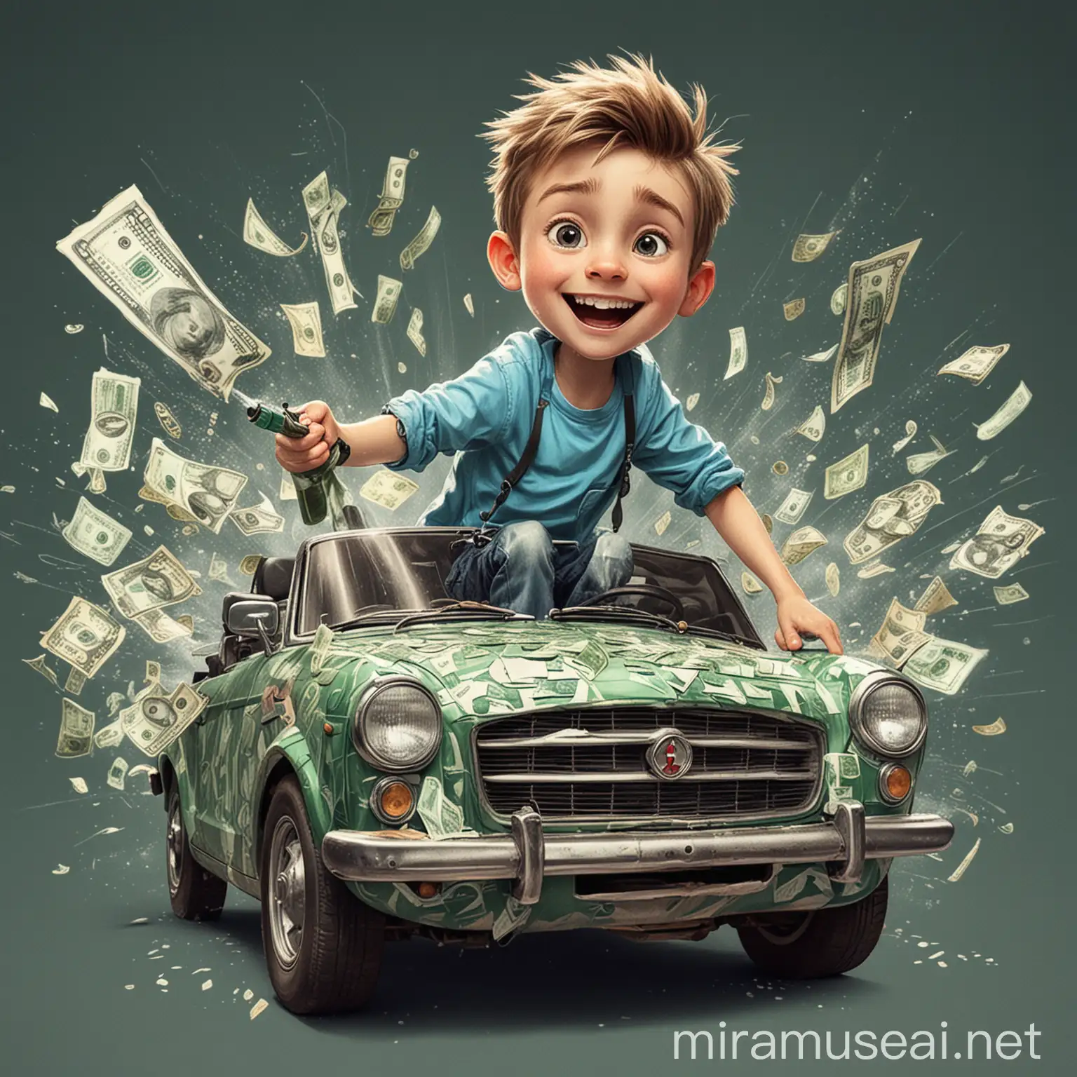 Draw a boy driving a car and spraying money