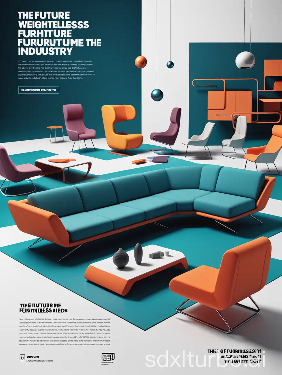  An appealing flyer design highlighting the theme "The future of weightlessness in the furniture industry". In the background, there are several sofas and beds floating around, held in various shapes and colors. The objects seem to merge with each other, creating a futuristic effect. The main text says: "The future of weightlessness in the furniture industry", underlined by a modern and appealing layout. The flyer conveys an atmosphere of freedom and new beginning in the world of furniture. Additionally, the text as bullet points: Innovation through weightlessness, Increased comfort and health, Sustainability and energy efficiency.
