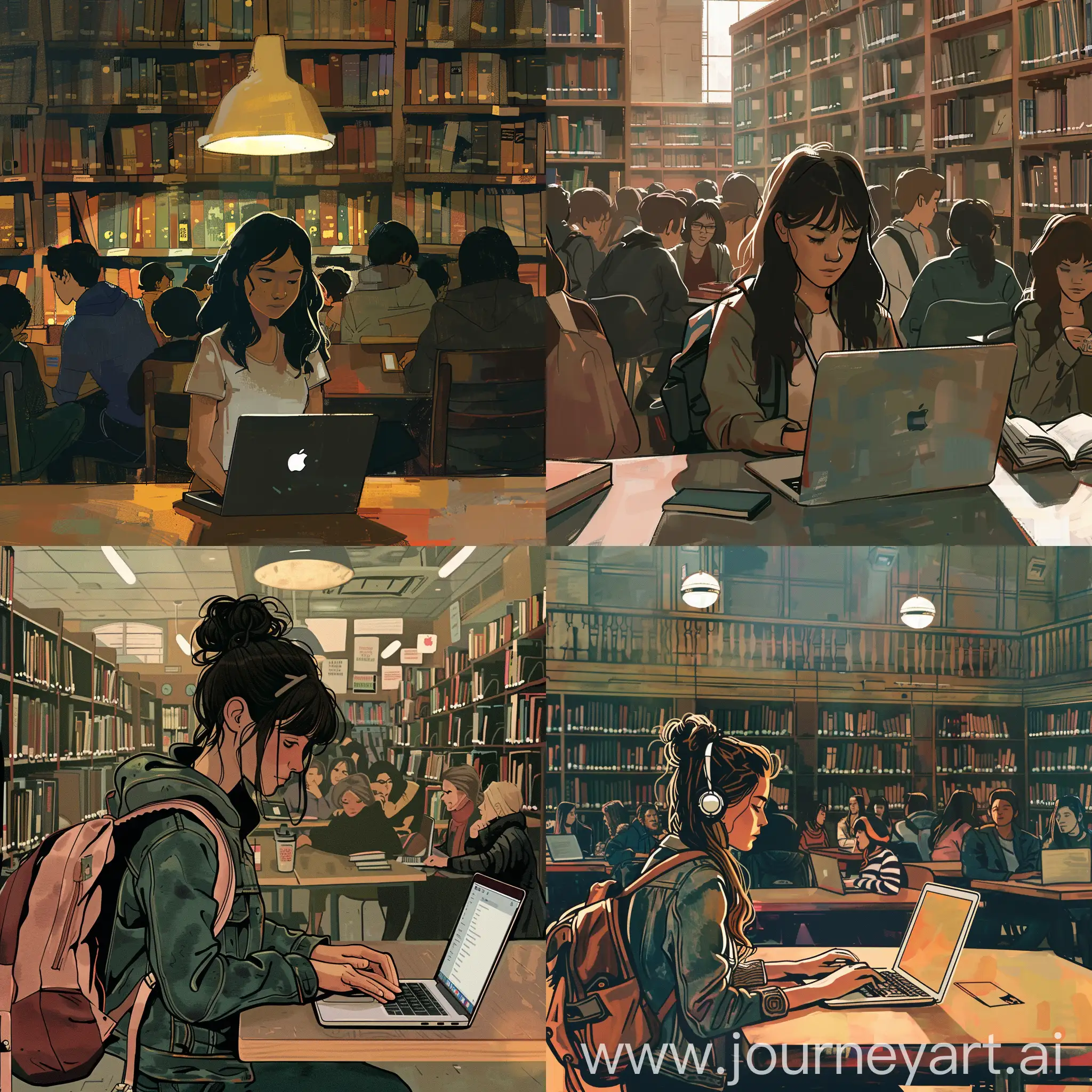 Create a image of a girl using her macbook sitting in a crowded library