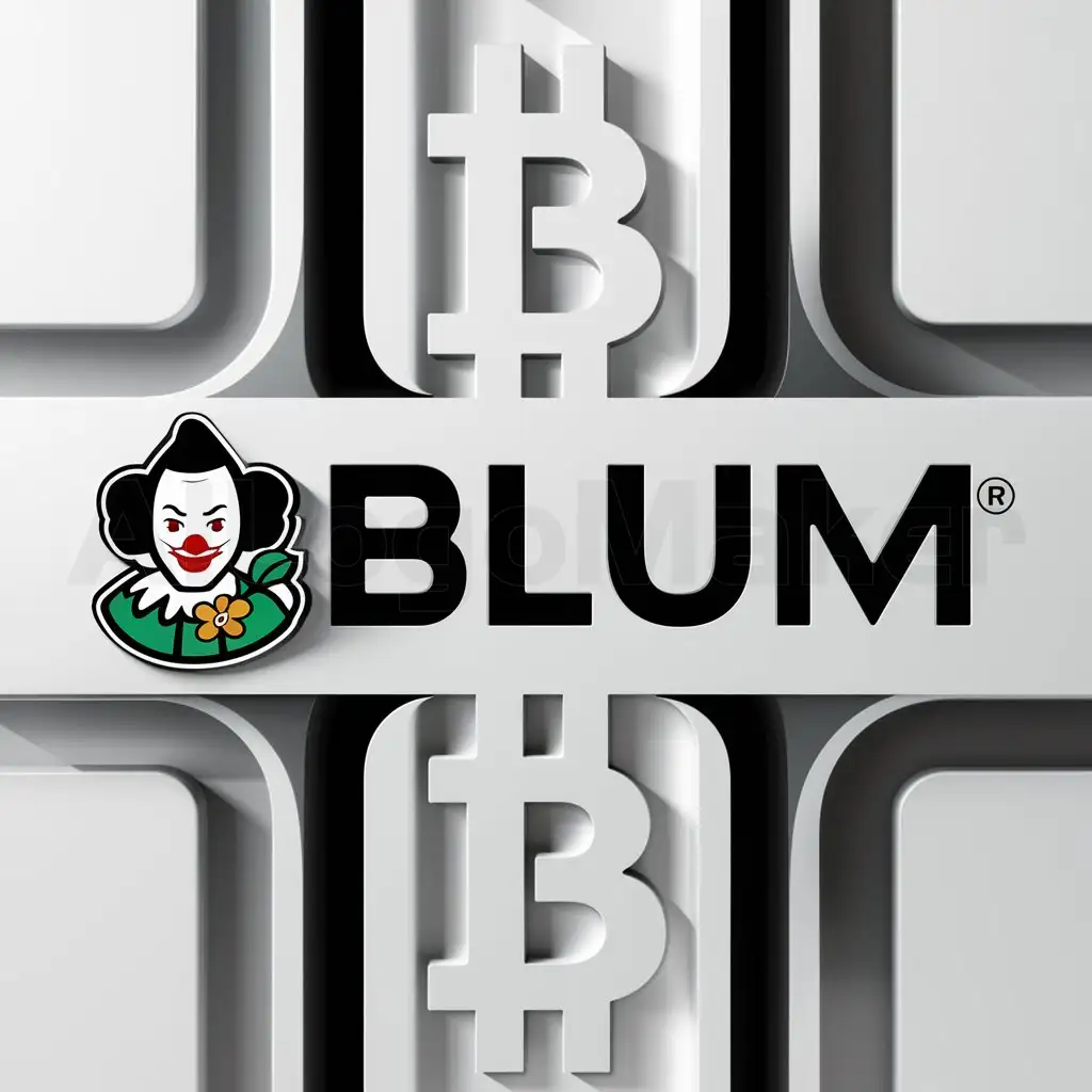 a logo design,with the text "Blum", main symbol:Clown-mime in a képi hits at green flowers. Bitcoin (white-black),complex,be used in Finance industry,clear background