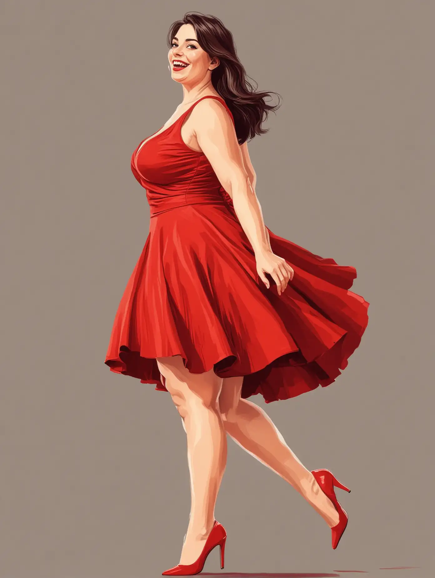 Happy Super Size Woman in Red Dress Side View
