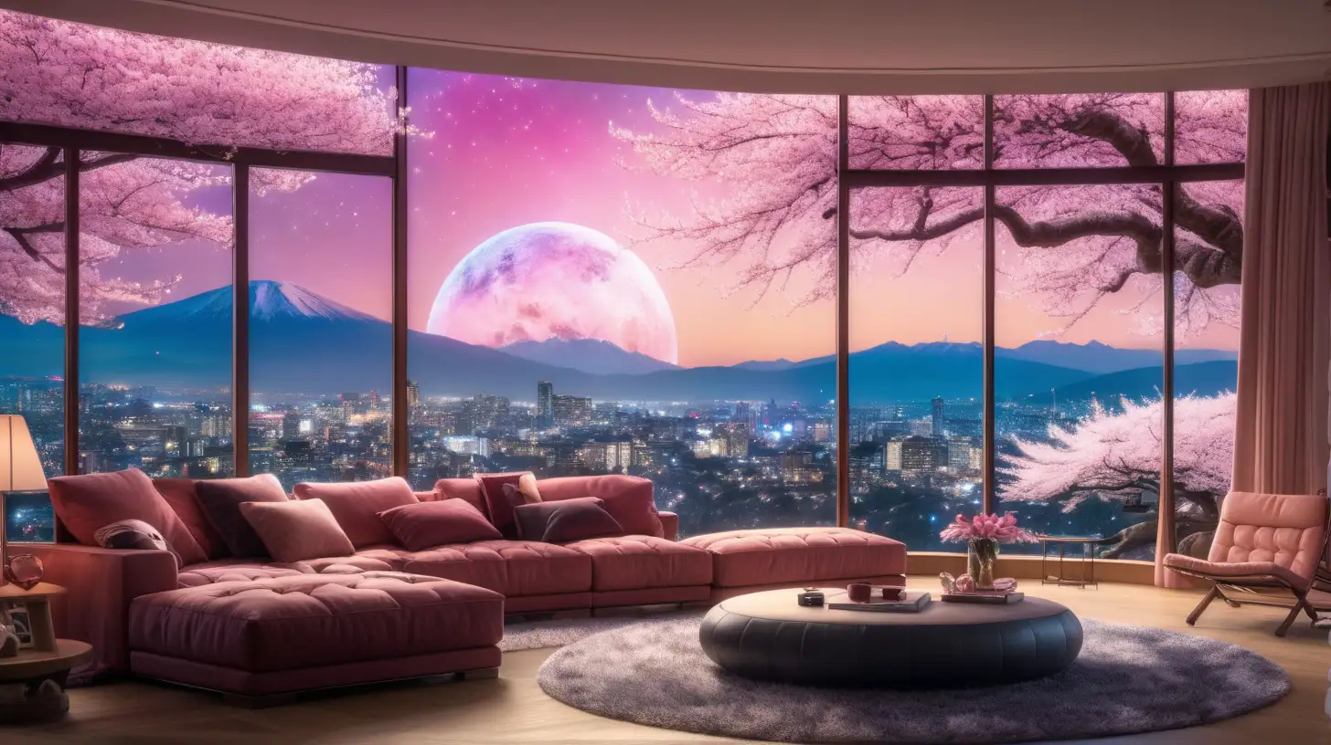Skyline Living Room with Cherry Blossom Fantasy Landscape