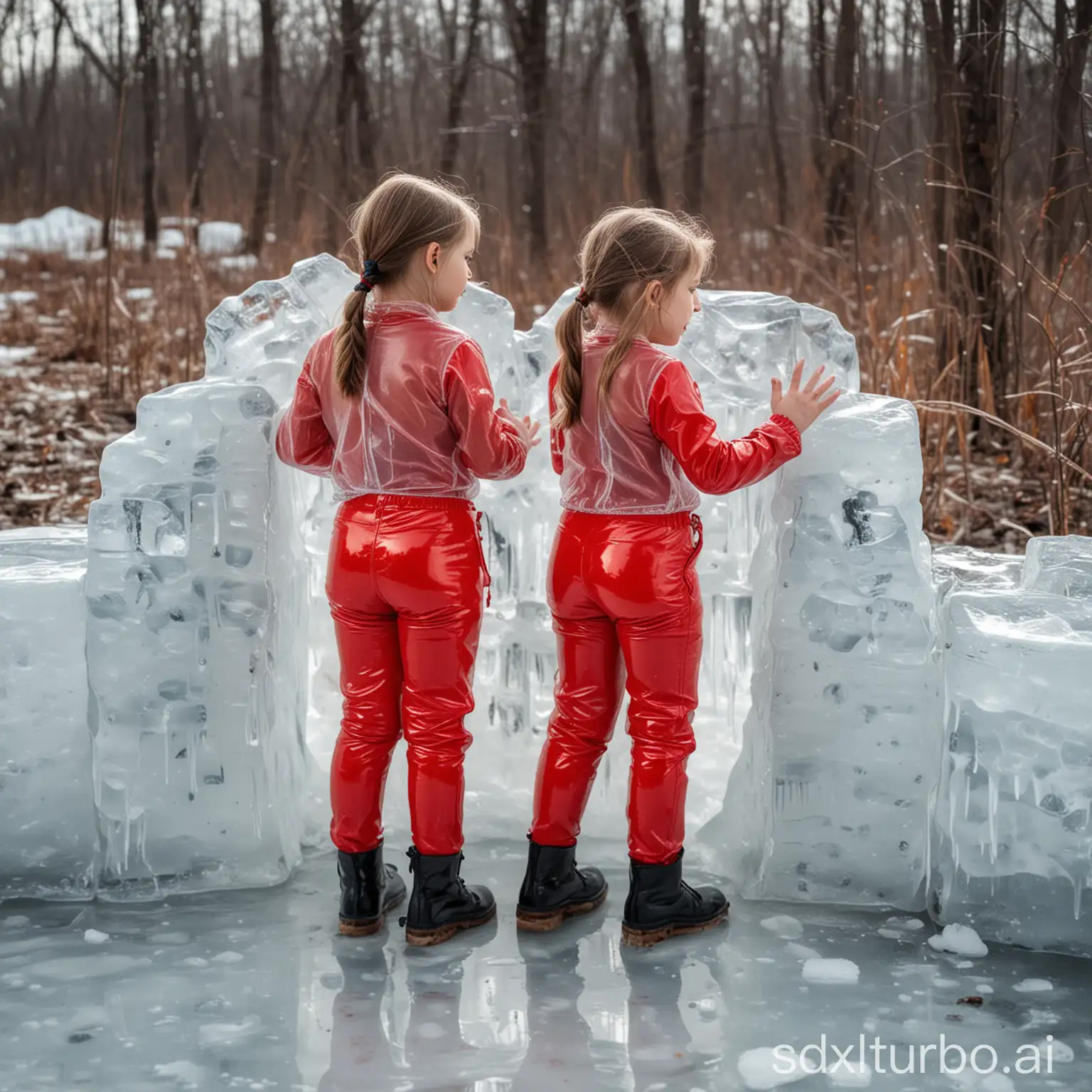 children girls in very tight red latex pants back frozen in a block of ice