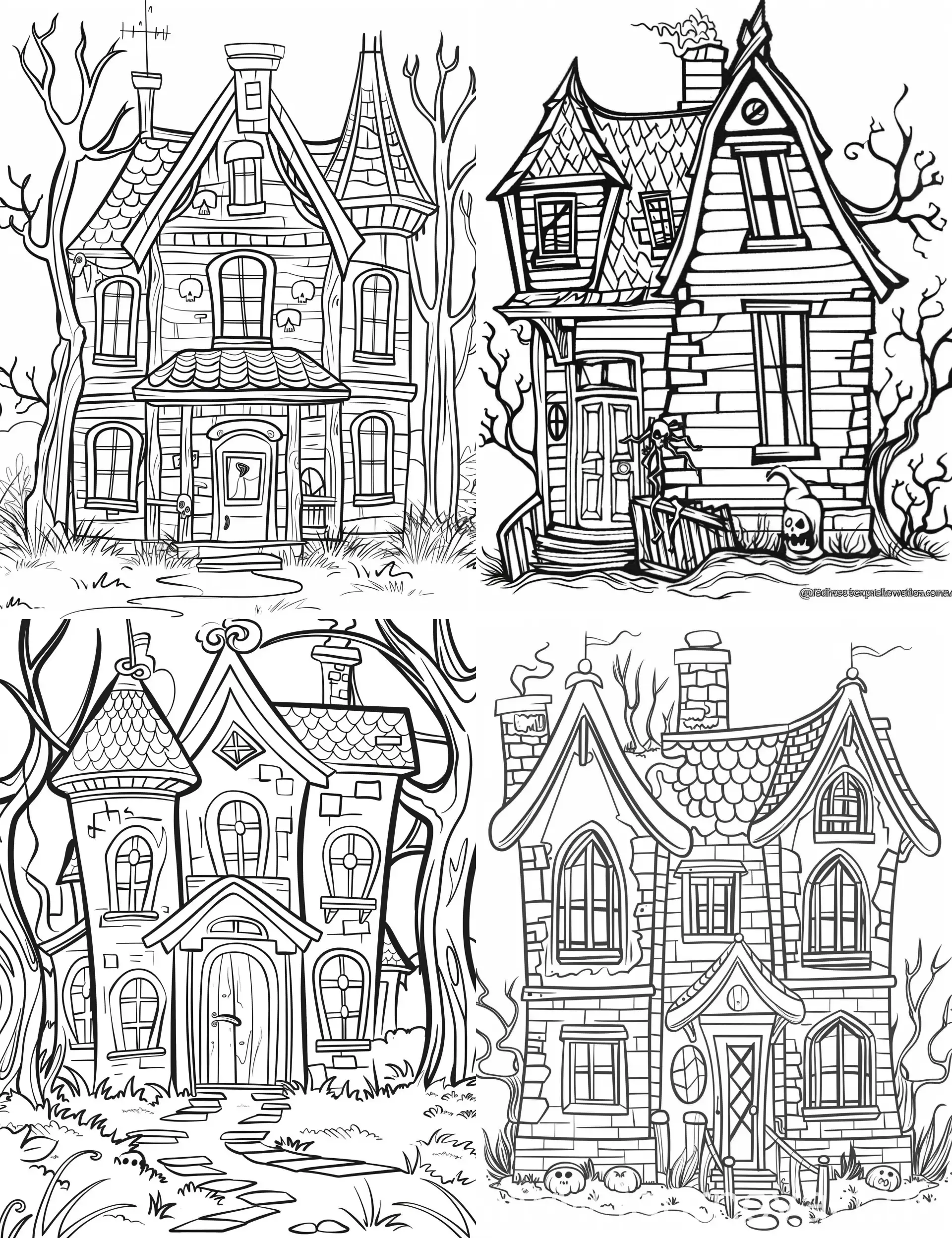 coloring pages for kids, haunted house, cartoon style, thick lines, low detail, black and white, no shading, --ar 85:110
