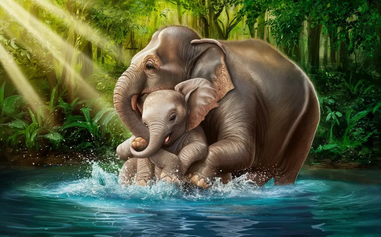 a baby elephant  taking bath with  her mother in side a river with a dense forest backround 
