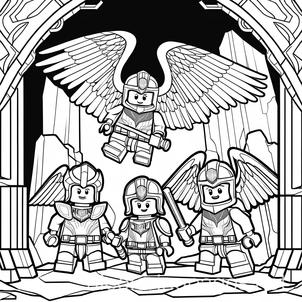 Characters from the cartoon Lego Nexo Knights discover a Seraphim ANGEL in a cave

, Coloring Page, black and white, line art, white background, Simplicity, Ample White Space. The background of the coloring page is plain white to make it easy for young children to color within the lines. The outlines of all the subjects are easy to distinguish, making it simple for kids to color without too much difficulty