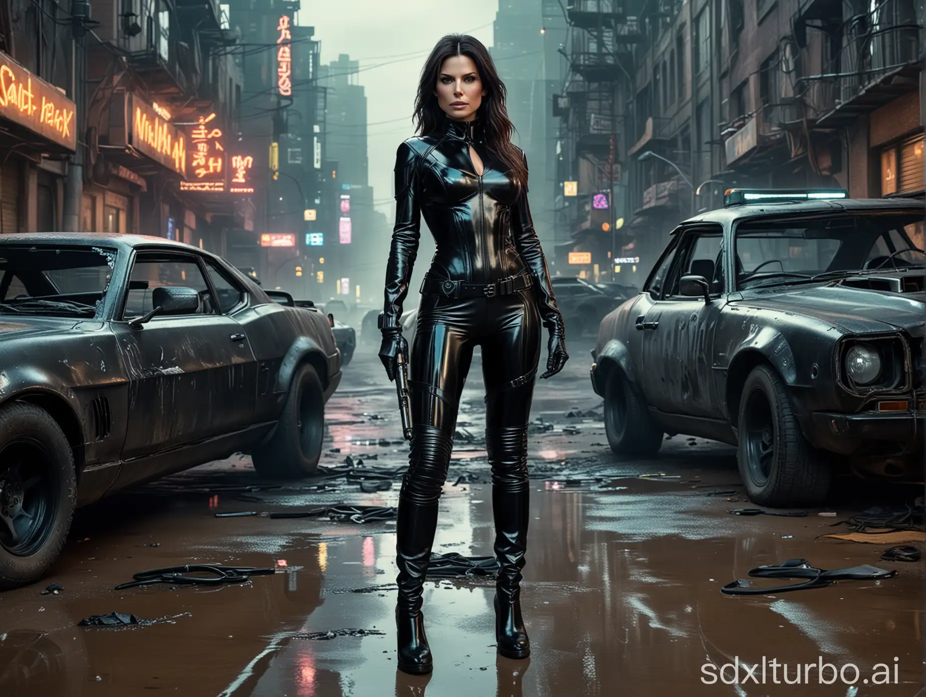 realistic hd photo , cyberpunk police Sandra Bullock standing , wearing black low-cut shinny pvc catsuit , wearing long shiny pvc gloves , wearing shinny pvc thigh high boots , in destroyed cyberpunk city with mad max car , inlighted by neons