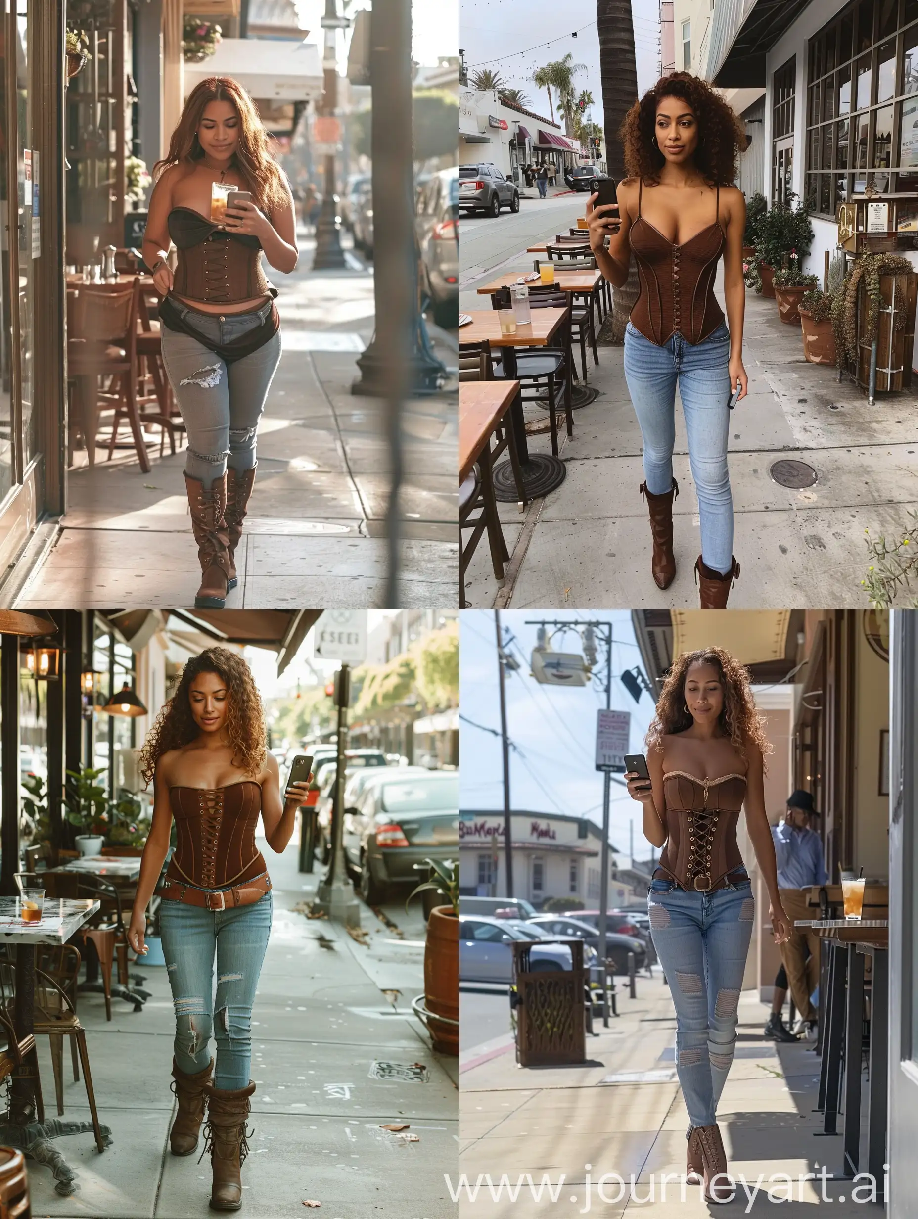 a woman walking down a sidewalk holding a cell phone, inspired by Briana Mora, instagram, renaissance, brown corset, wearing tight shirt, standing in a restaurant, fit curvy physique, jeans and boots, upper body face shot, drink, with brown skin, outfit photo, full - view