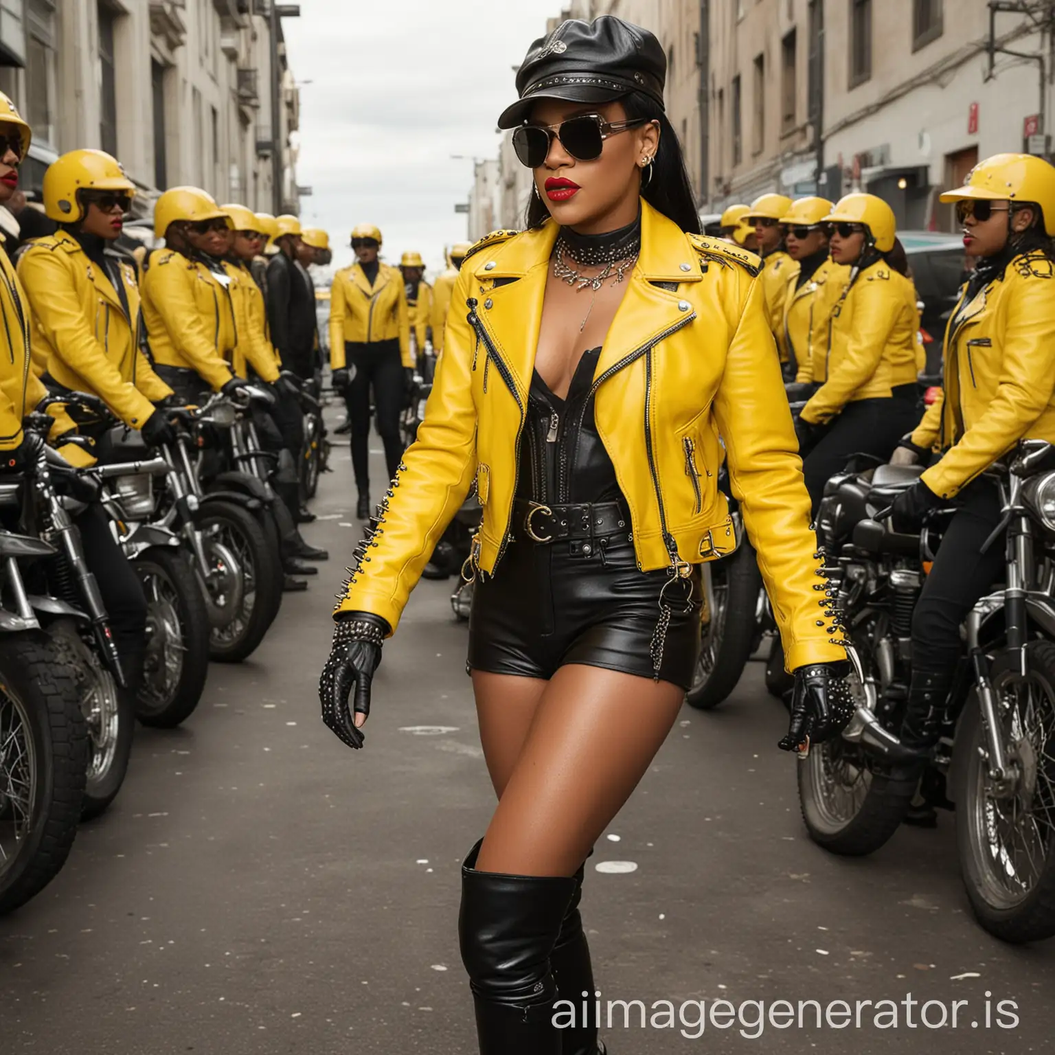 worship rihanna wearing tight yellow leather motorcycle jacket, leather gloves, leather biker cap with high heel leather boots with spikes and yellow lipstick, mirrored sunglasses, neck corset