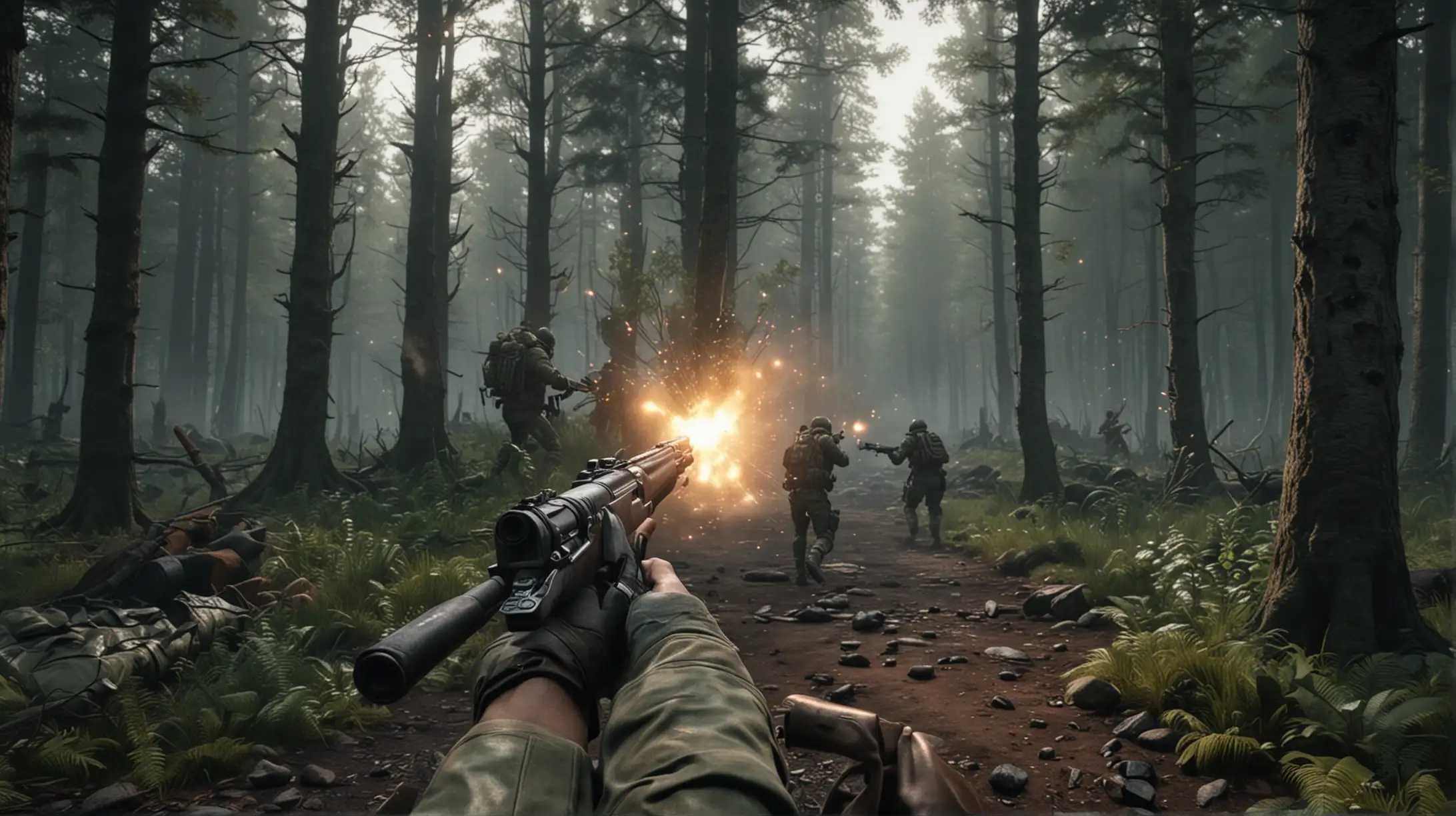First Person Shooter Soldier Firing Gun in Dimly Lit Forest