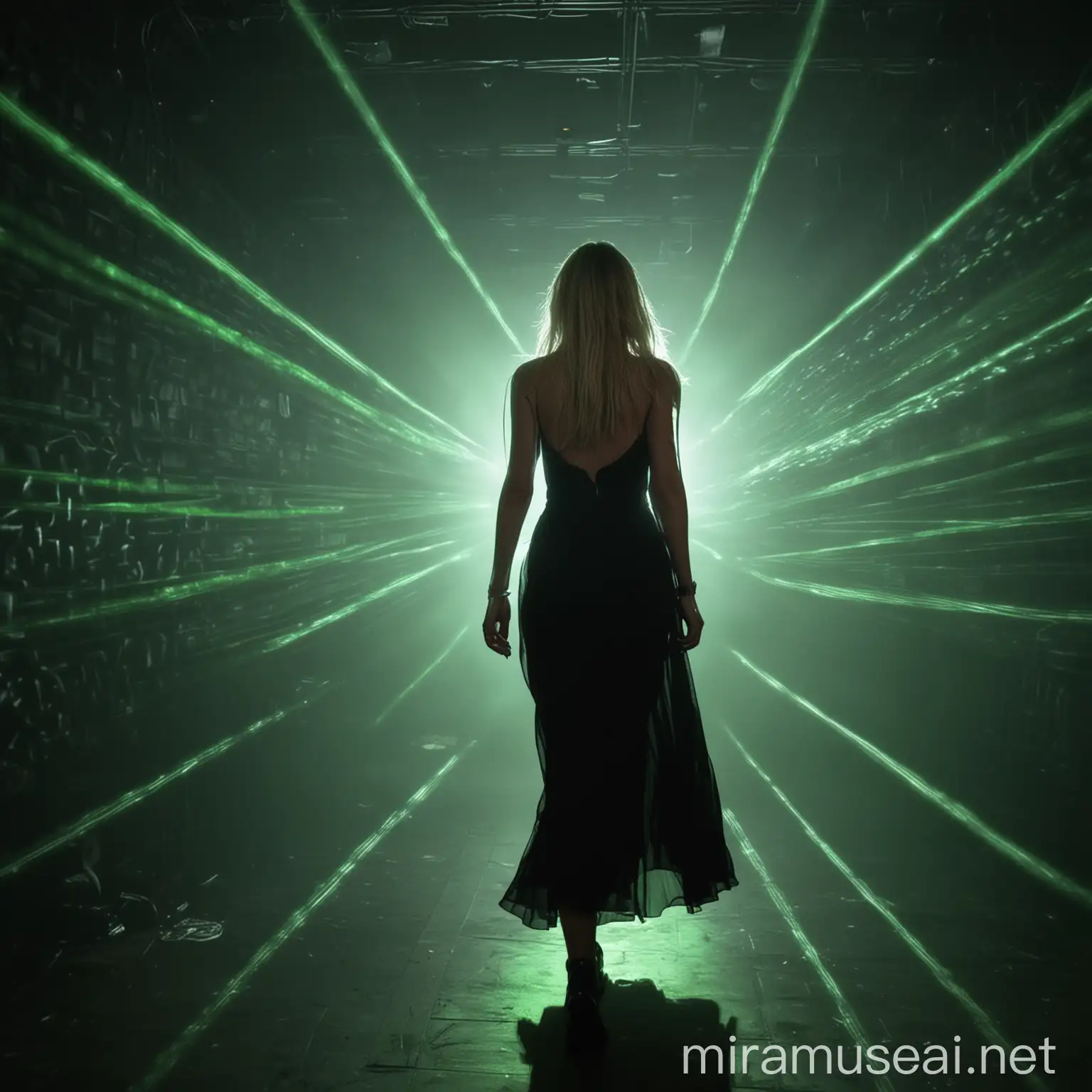 Blonde girl in a black dress walking with her back turned under the green laser lights in the dark nightclub.