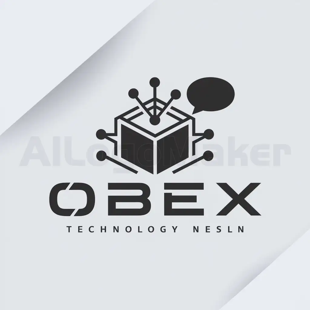 a logo design,with the text "OBEx", main symbol:a box with social nodes and speak bubble going out of the box,Moderate,be used in Technology industry,clear background