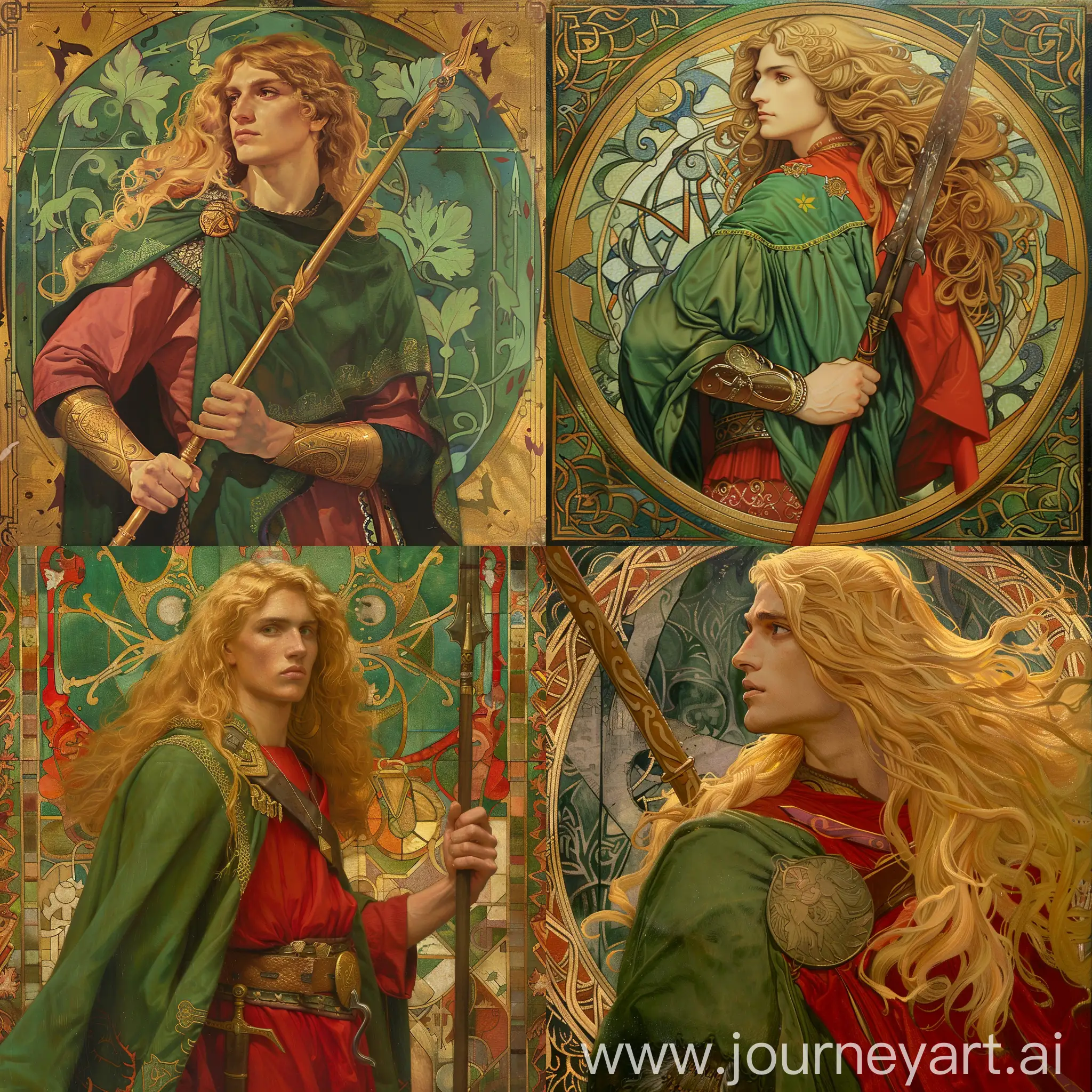 Young man with long golden hair, in the green mantle and red tunic, with spear, art nouveau