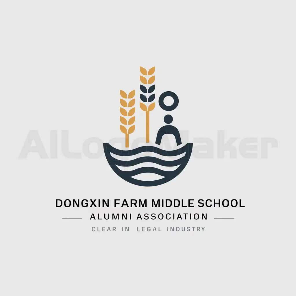 a logo design,with the text "Dongxin Farm Middle School Alumni Association", main symbol:wheat, water, person,complex,be used in Legal industry,clear background